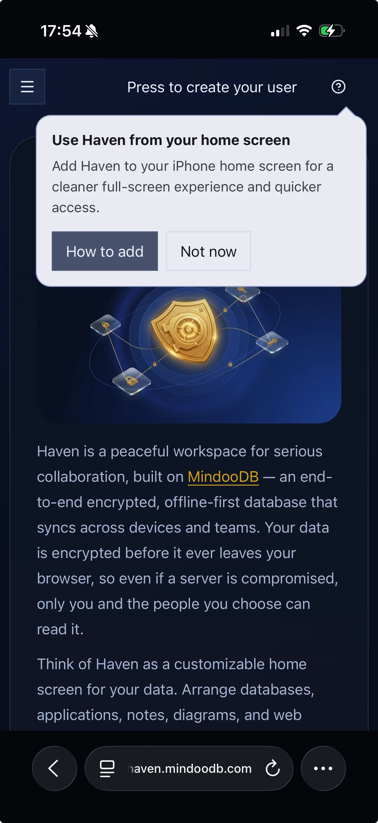 Haven showing the in-app prompt to add the app to the iPhone home screen