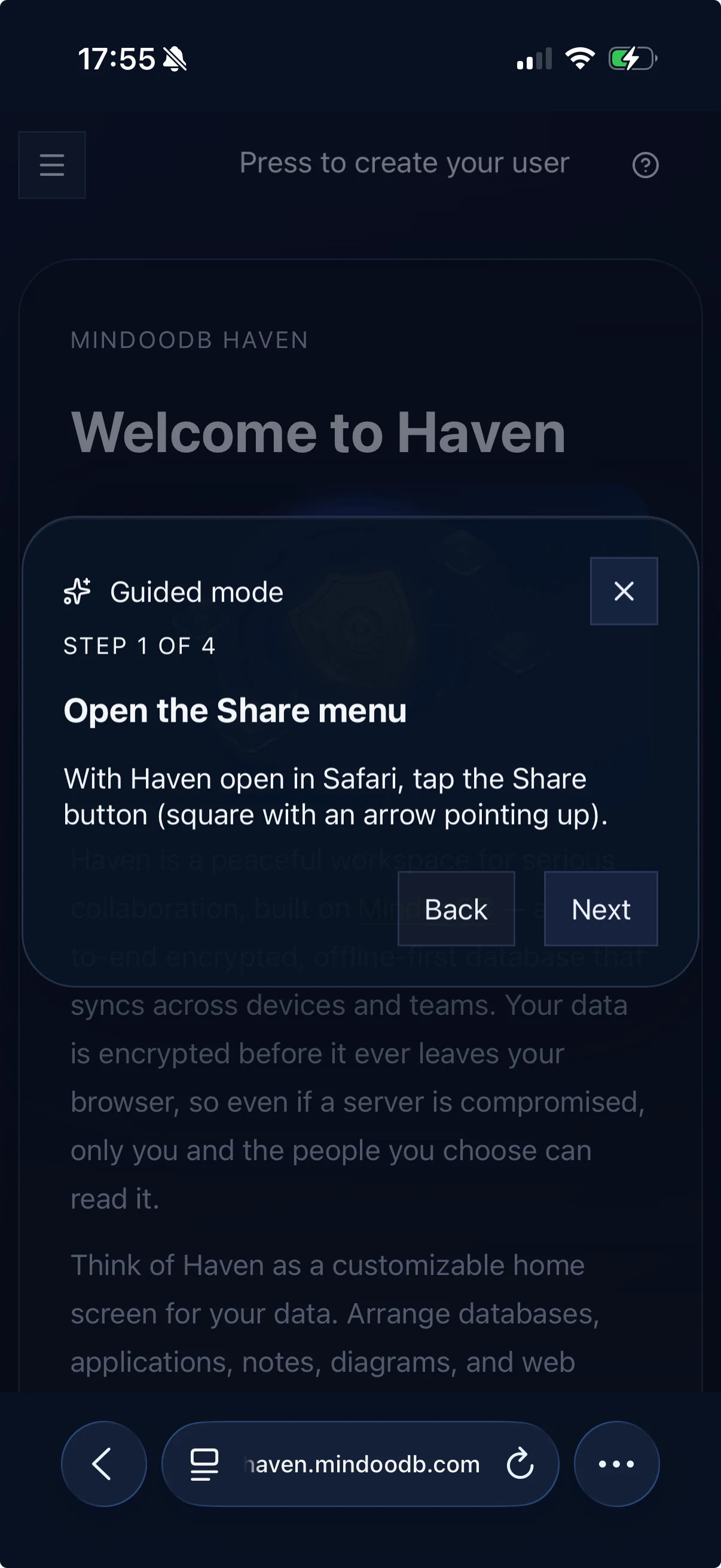 Haven guided mode on iPhone explaining how to open the Safari Share menu