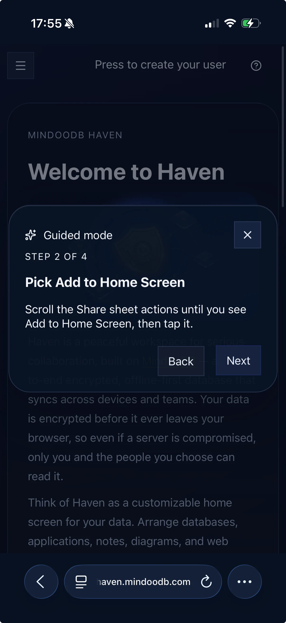 Haven guided mode on iPhone explaining how to choose Add to Home Screen in Safari