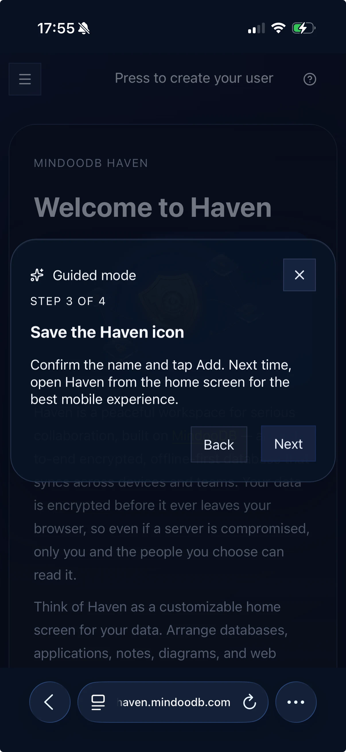 Haven guided mode on iPhone explaining how to confirm and save the Haven home-screen icon