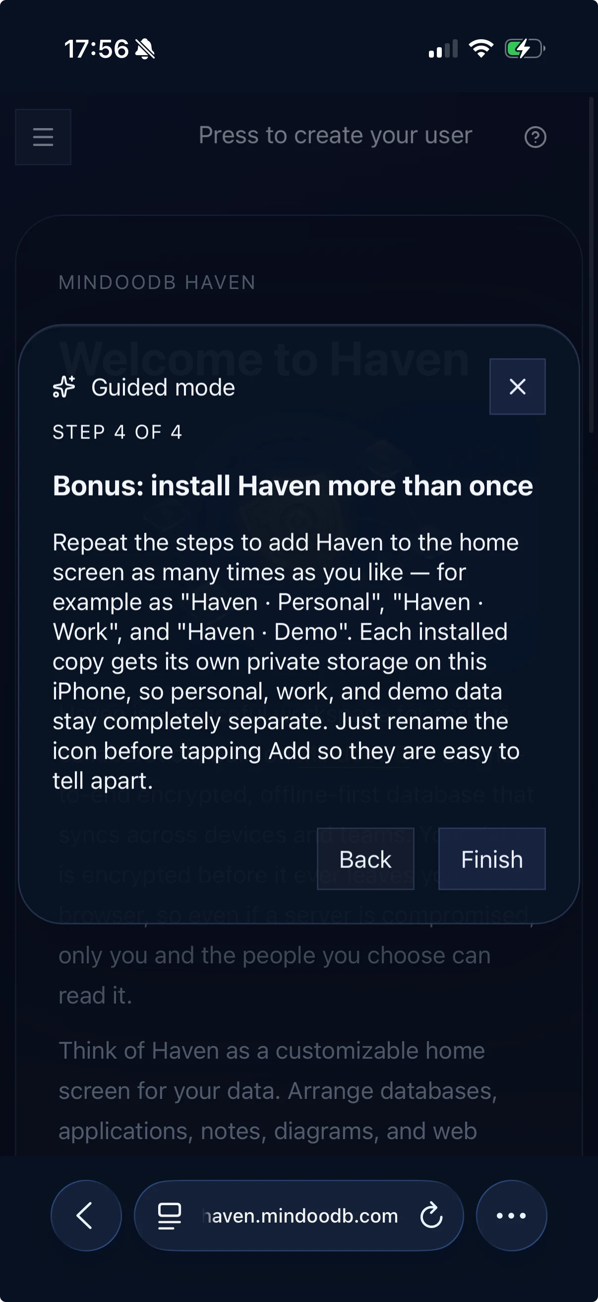 Haven guided mode on iPhone explaining how to install multiple renamed Haven instances