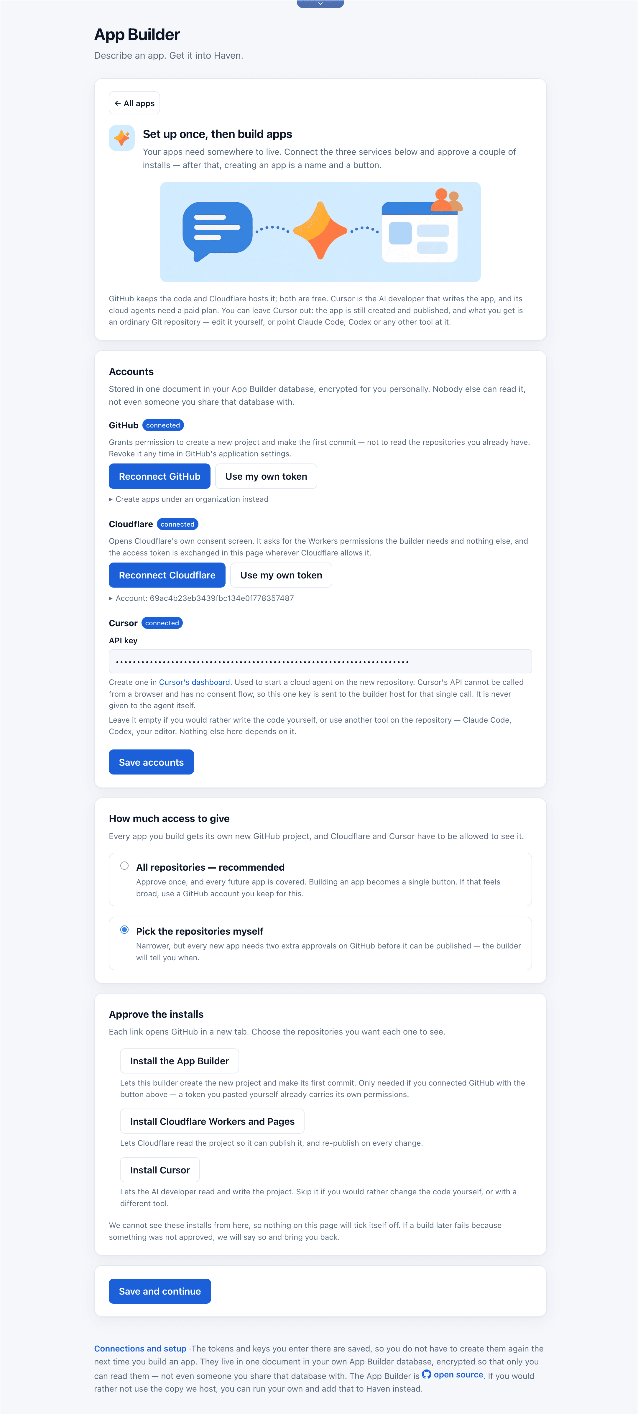 App Builder setup page with the GitHub, Cloudflare, and Cursor accounts connected