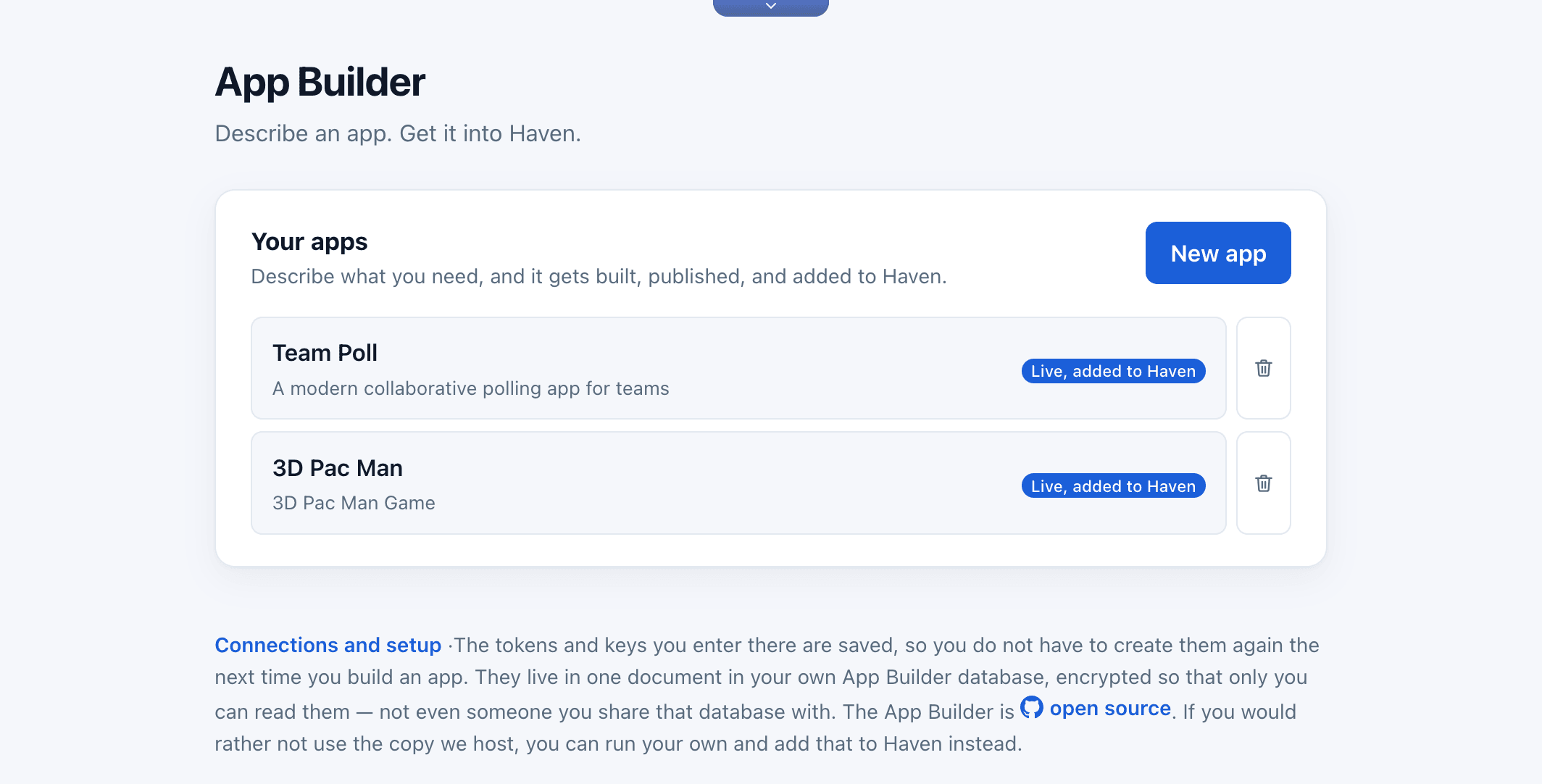 App Builder start page listing two finished apps, both live and added to Haven