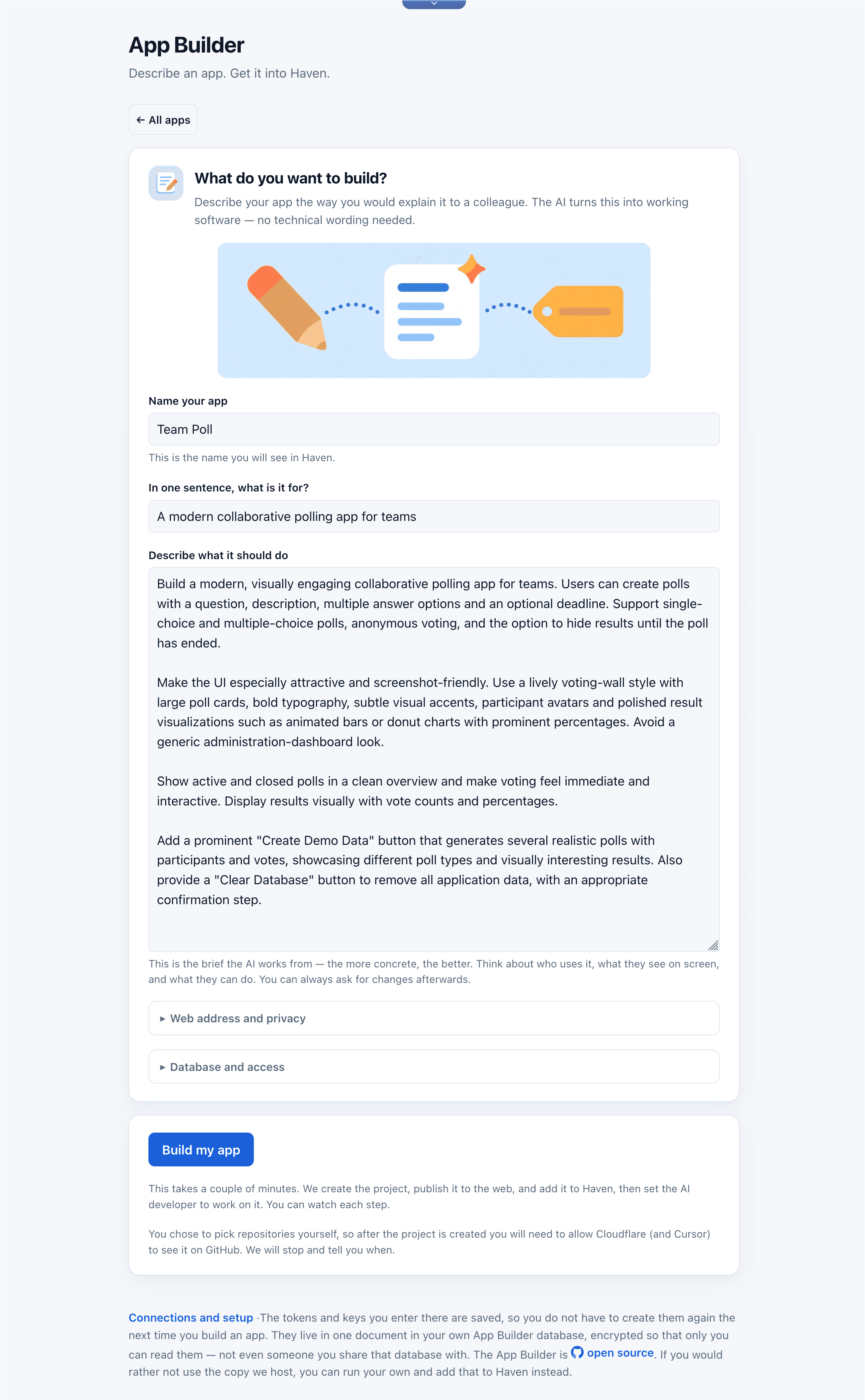 App Builder form with the name, purpose, and brief for a team polling app