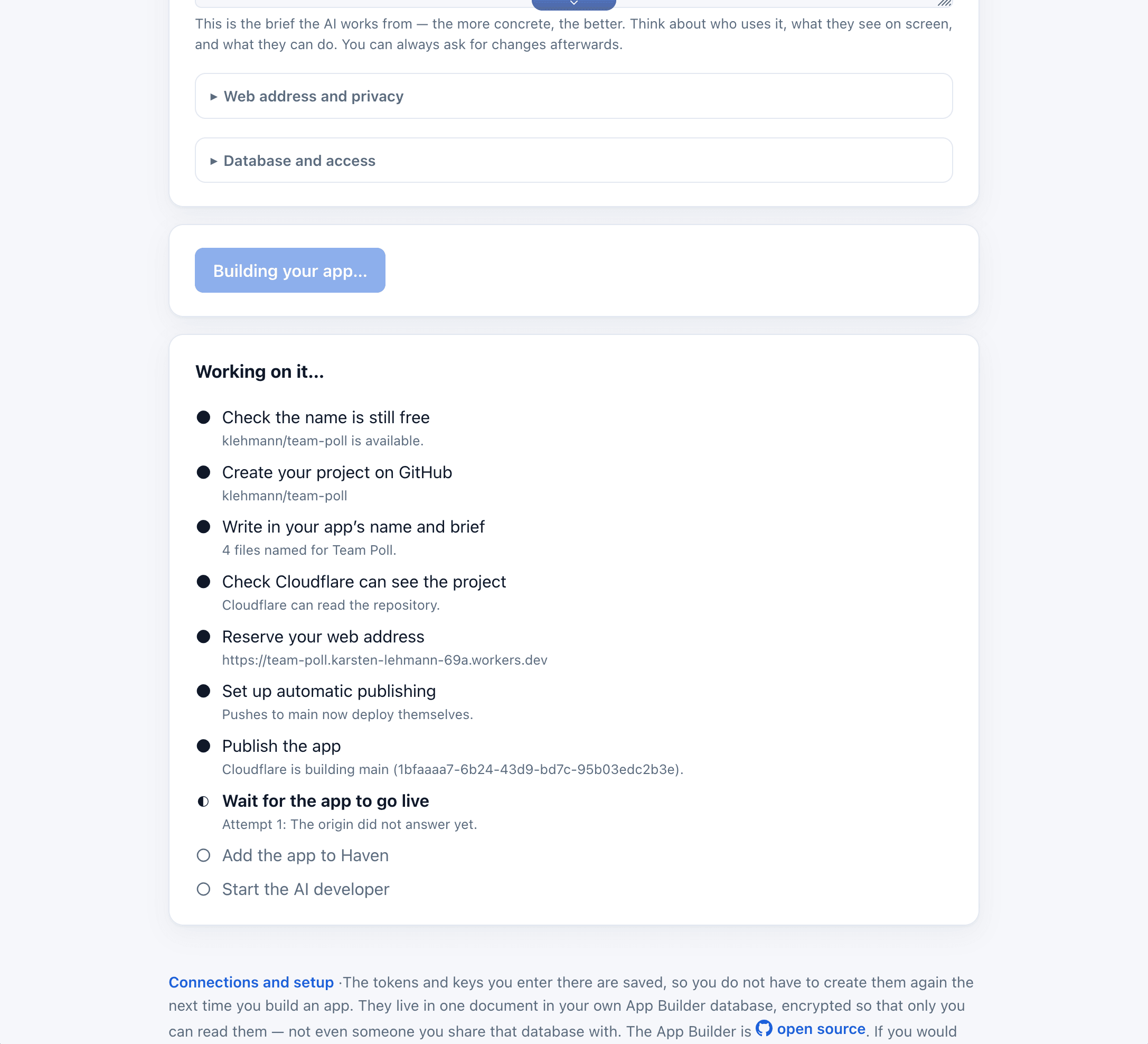 App Builder progress list showing the completed and running build steps