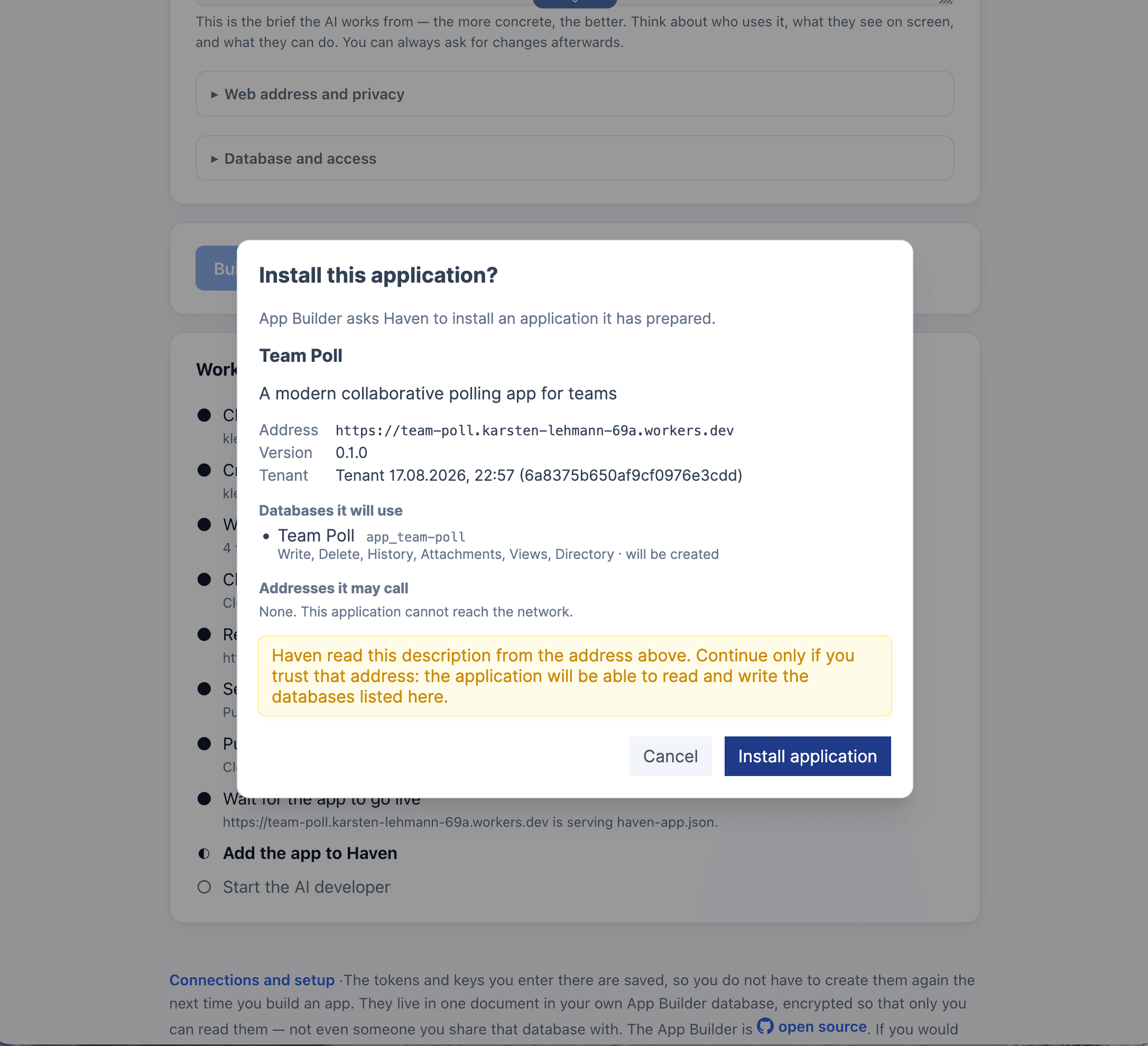 Haven install dialog listing the databases, permissions, and network access the new app requests