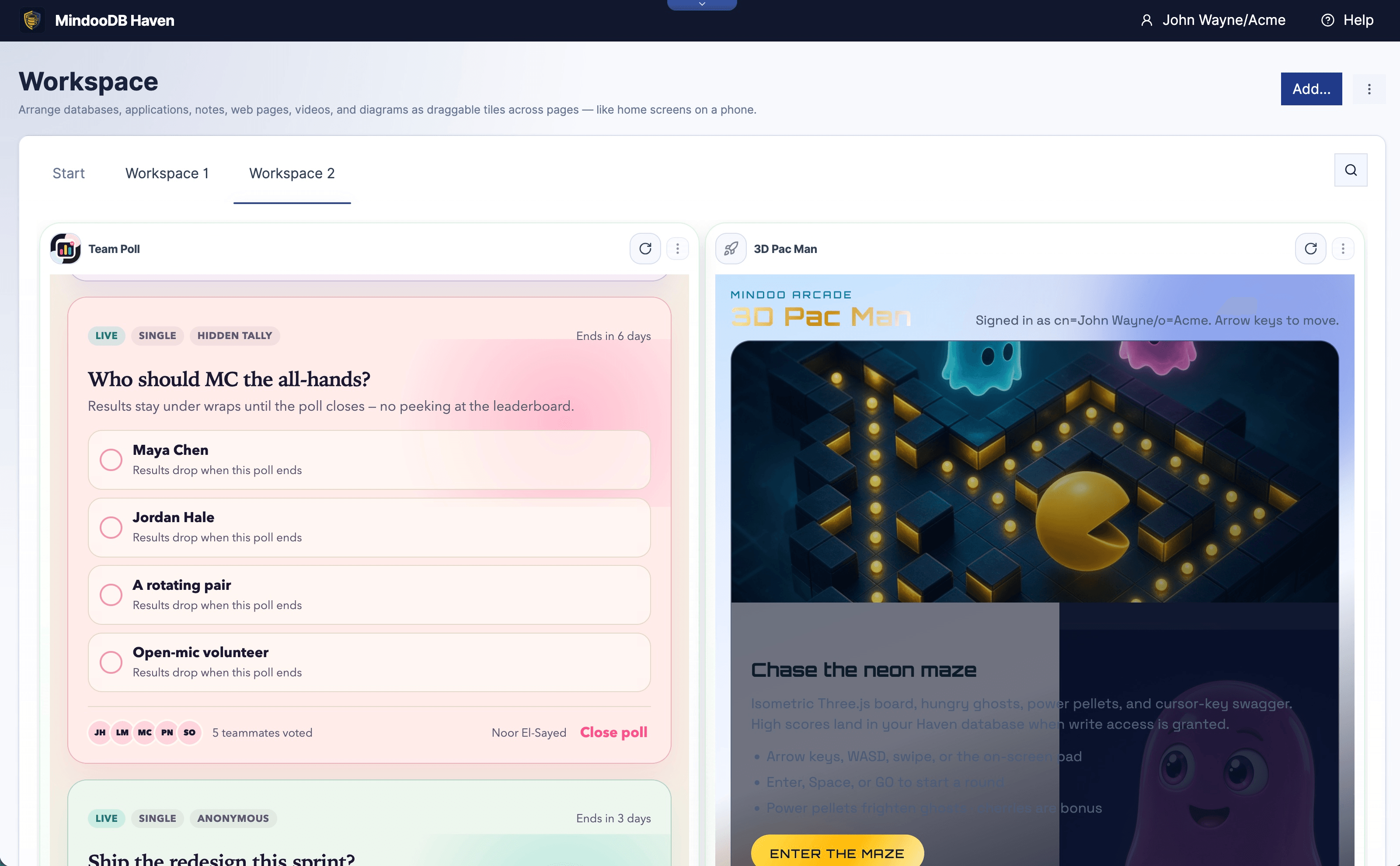 Haven workspace with the generated Team Poll and 3D Pac Man apps embedded as tiles