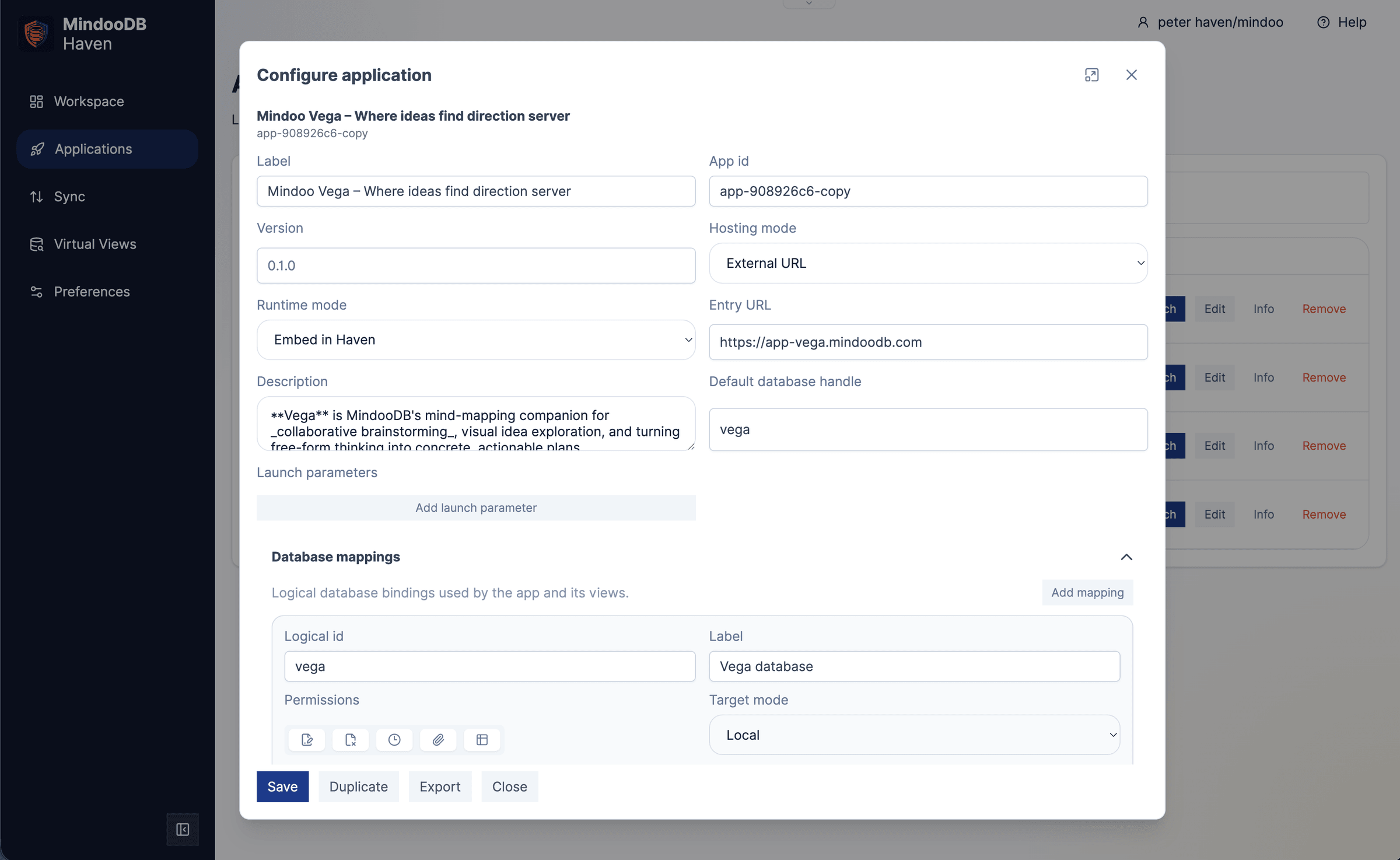 Haven Configure application dialog showing per-database capabilities for an app