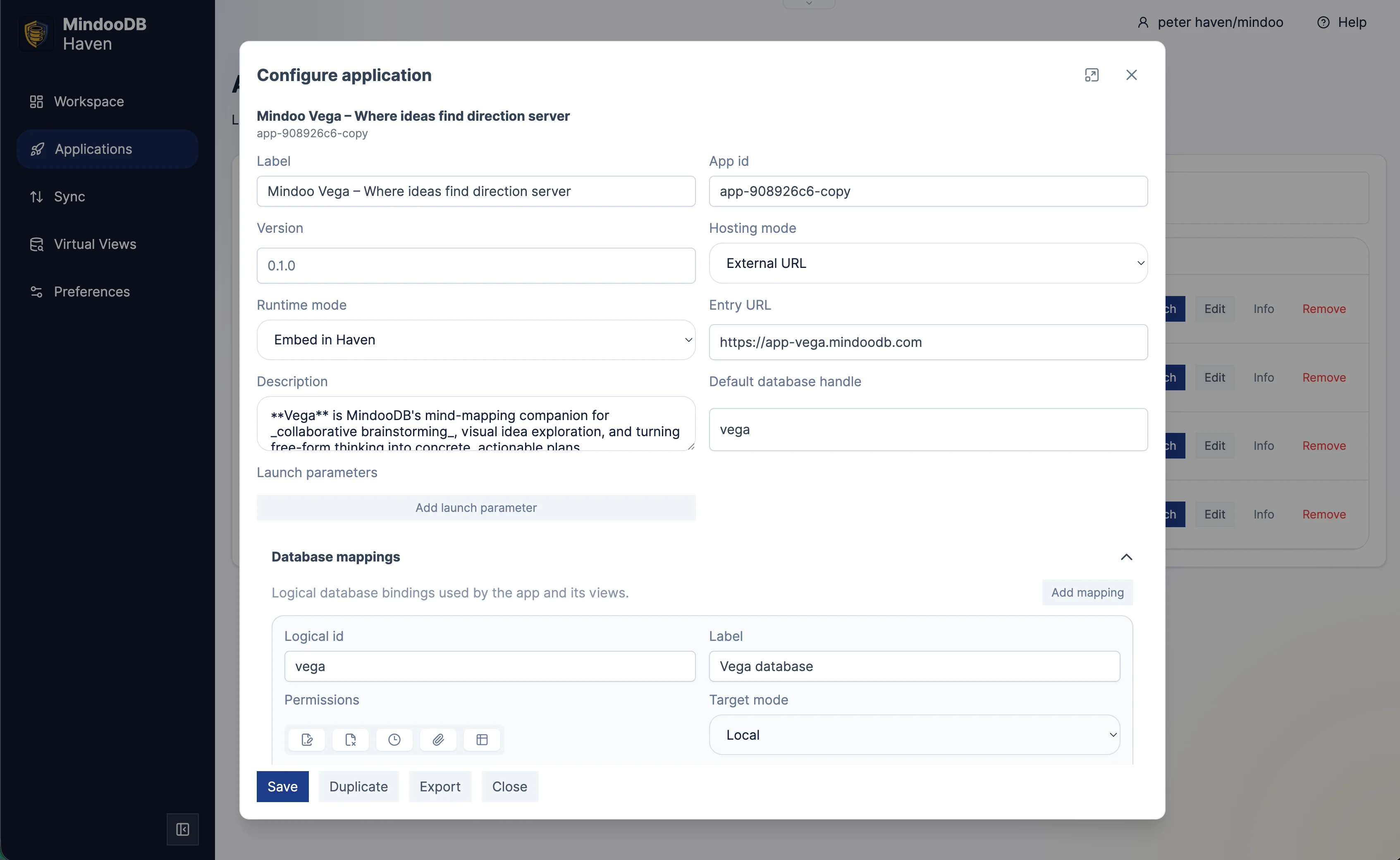 Haven Configure application dialog showing per-database capabilities for an app