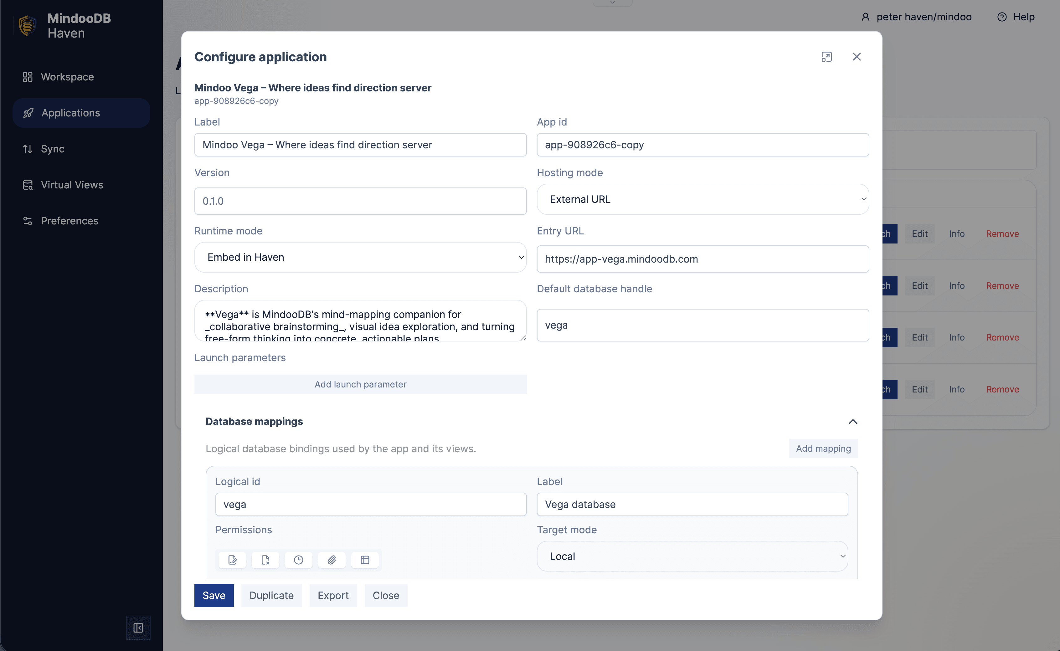 Haven Configure application dialog showing per-database capabilities for an app