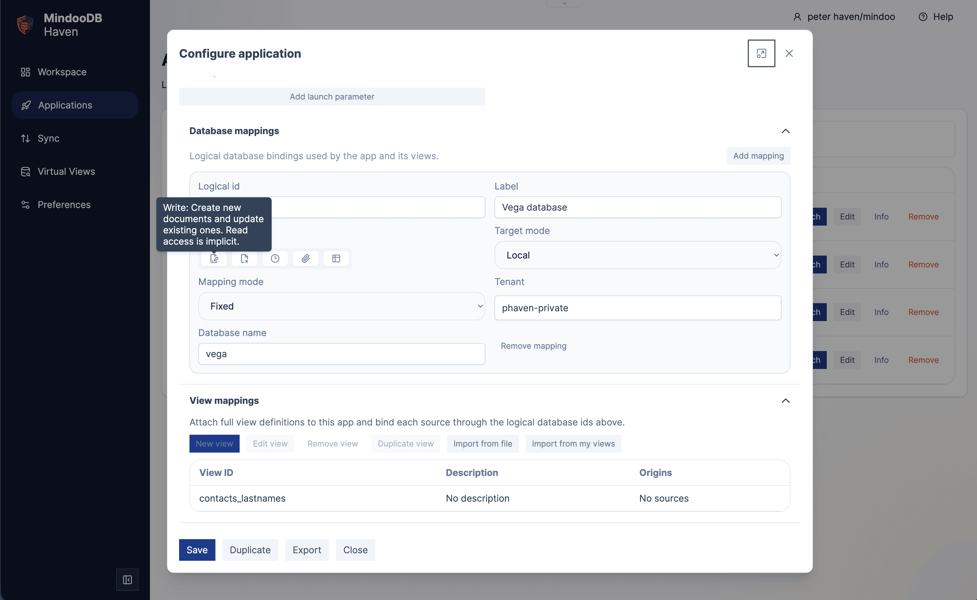Haven application configuration showing granular database permissions