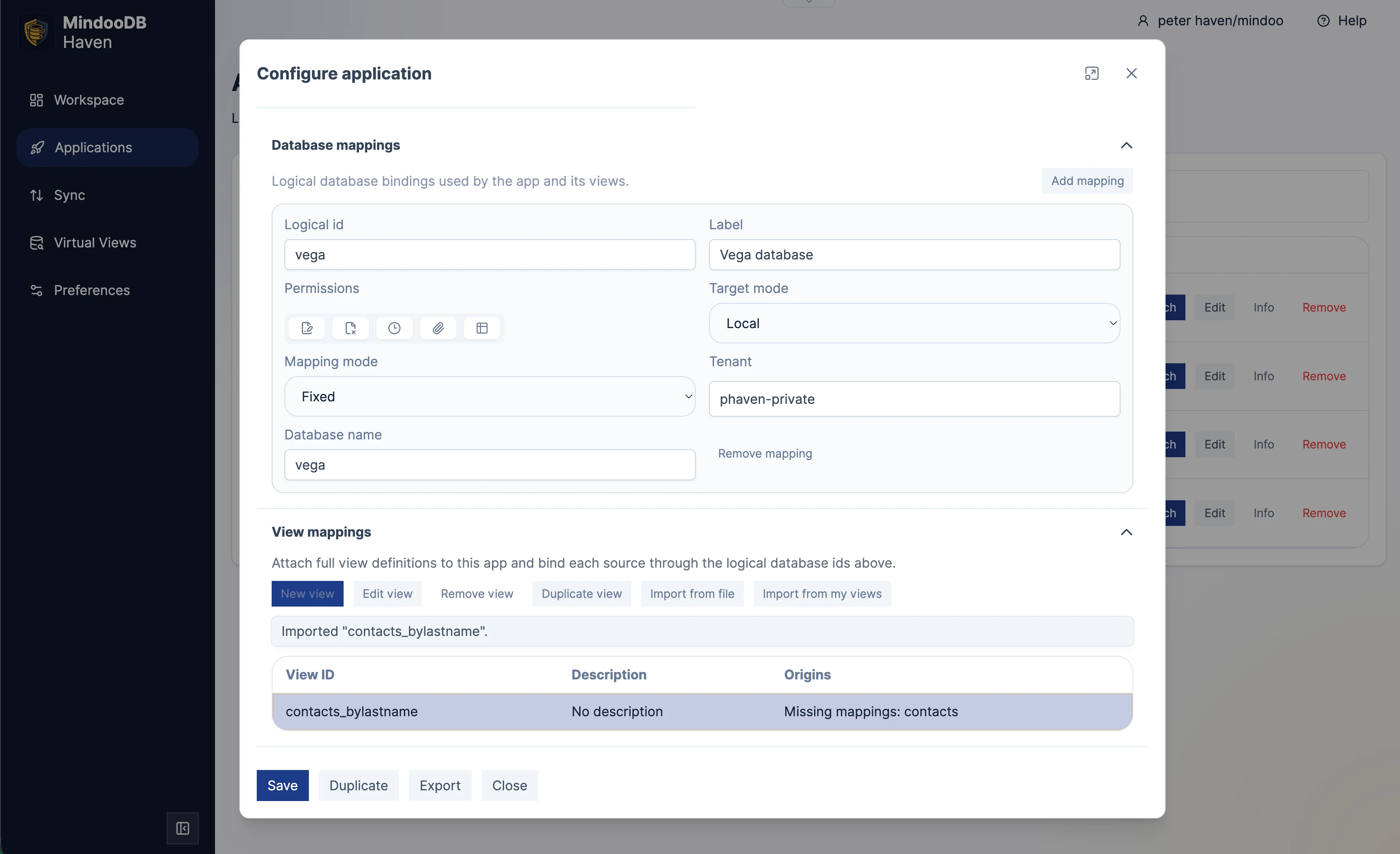 Haven application properties panel showing view mappings that limit the fields shared with an app