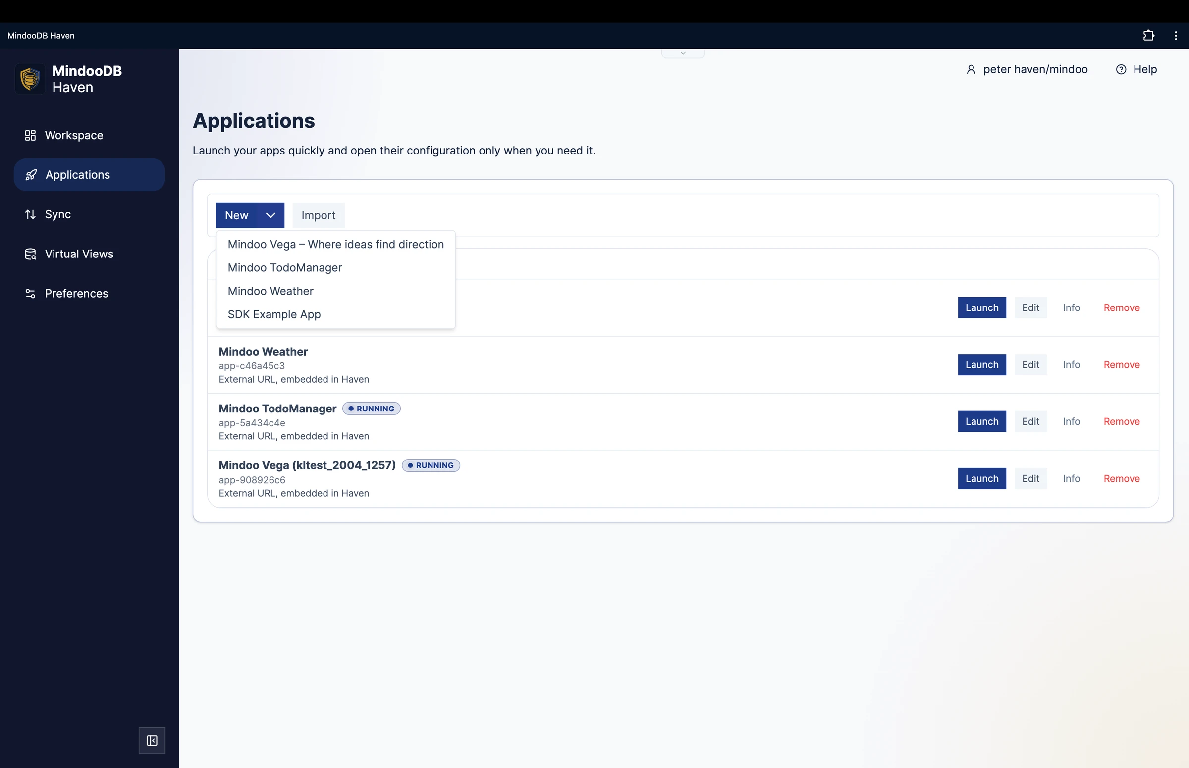 Haven Applications page for adding, importing, configuring, launching, and placing apps on workspace pages