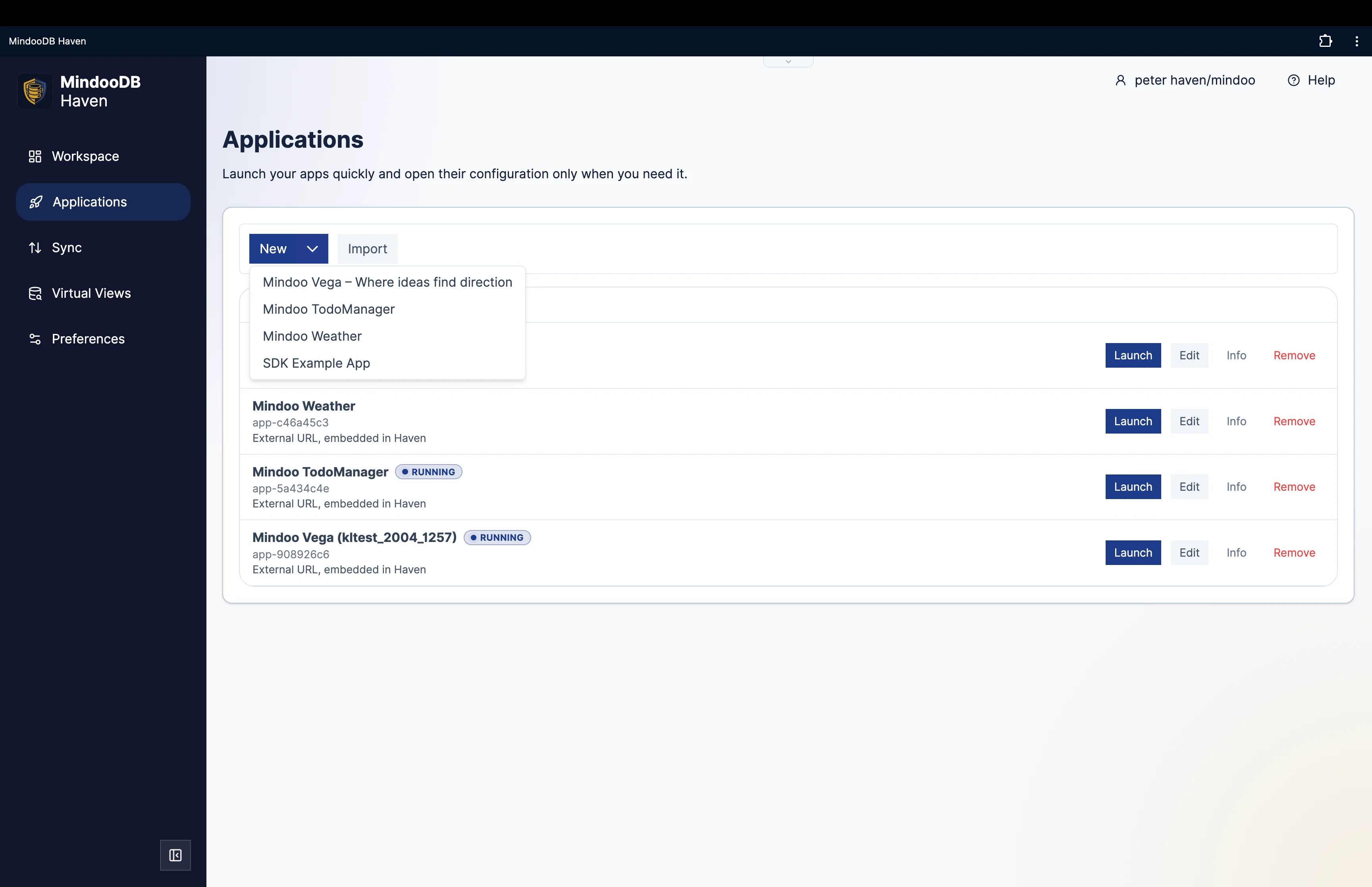 Haven Applications page for adding, importing, configuring, launching, and placing apps on workspace pages