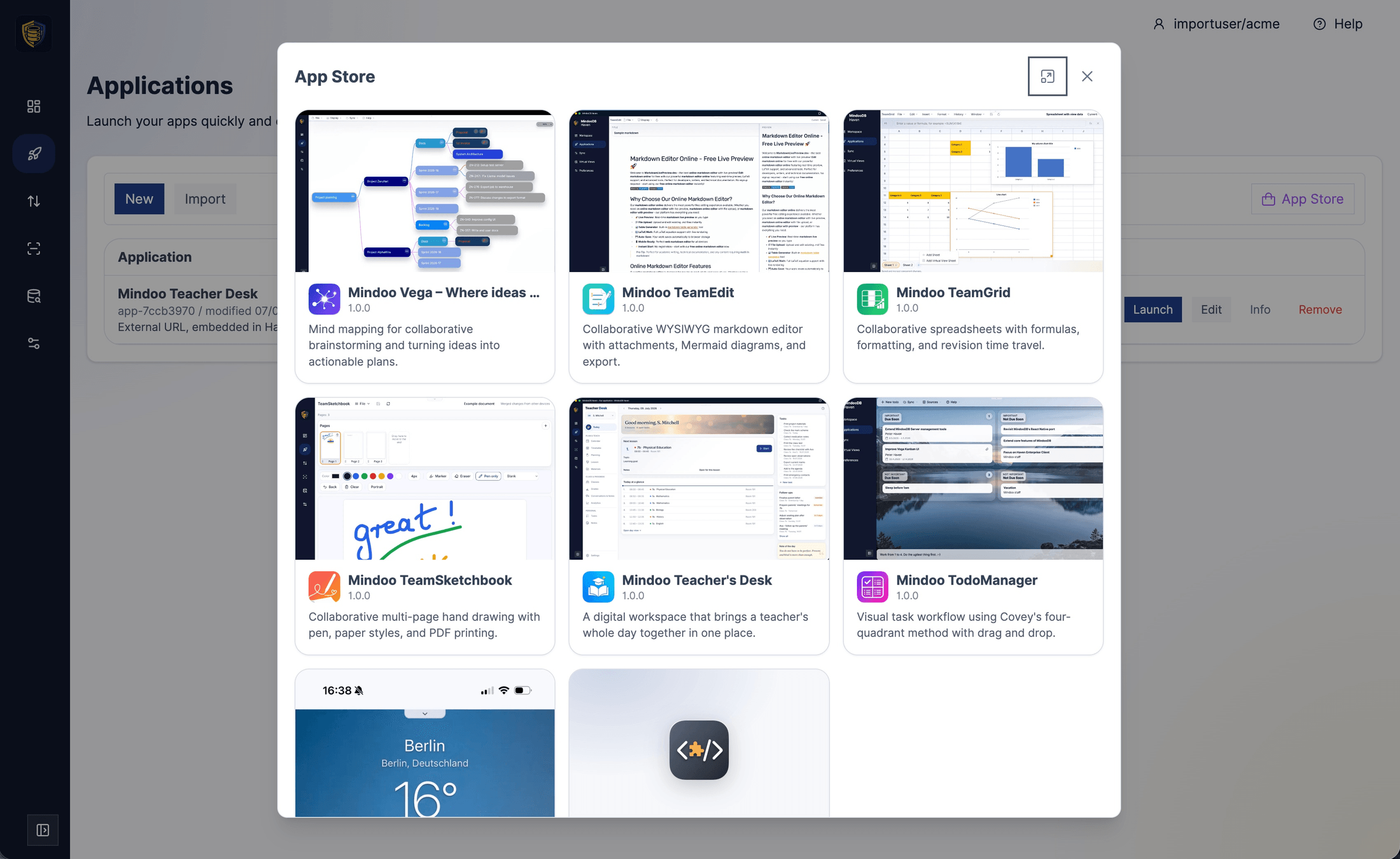 Haven App Store overview showing a grid of app tiles with icons, versions, and screenshots