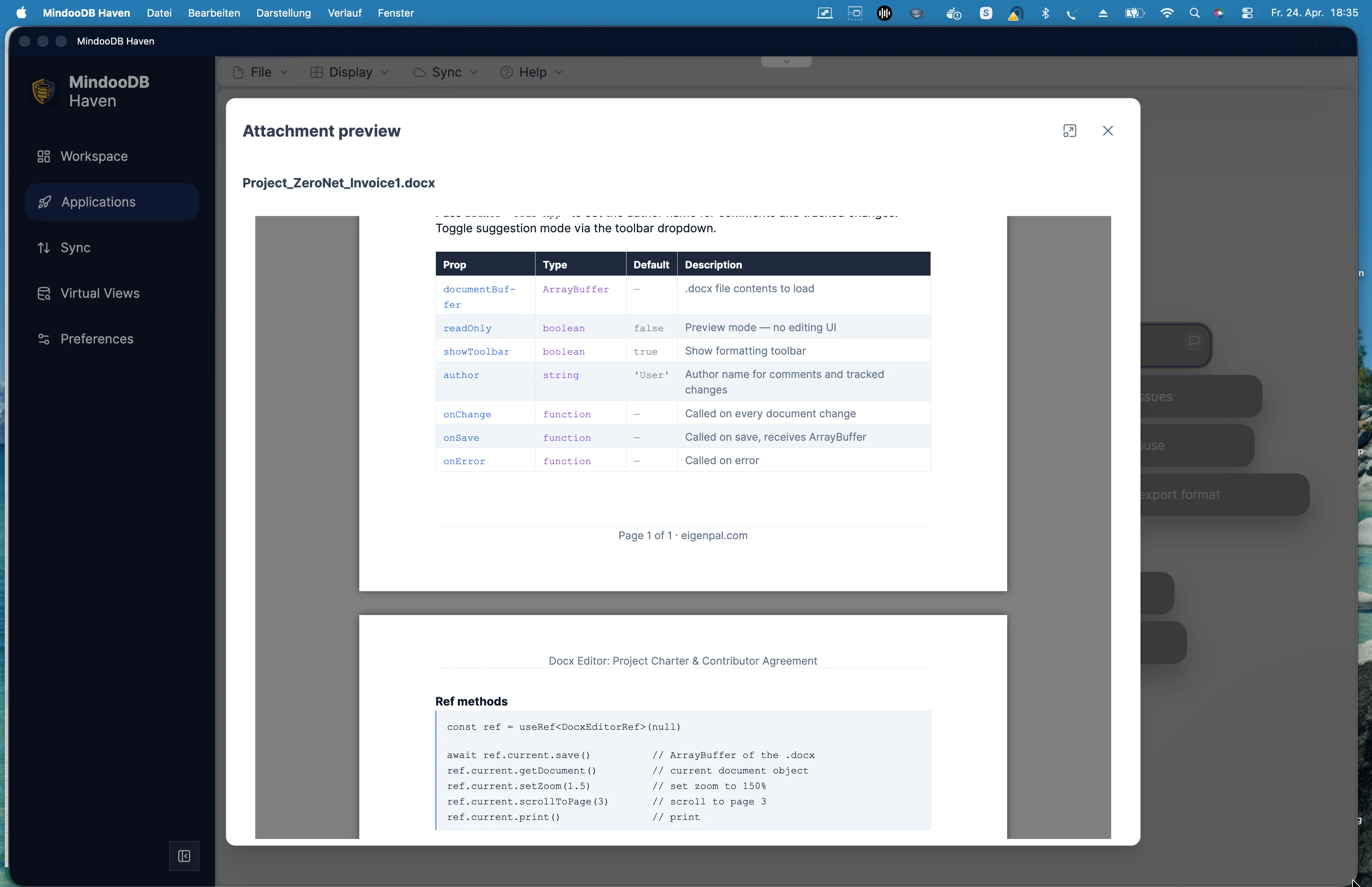Haven attachment preview dialog showing a DOCX document rendered inline
