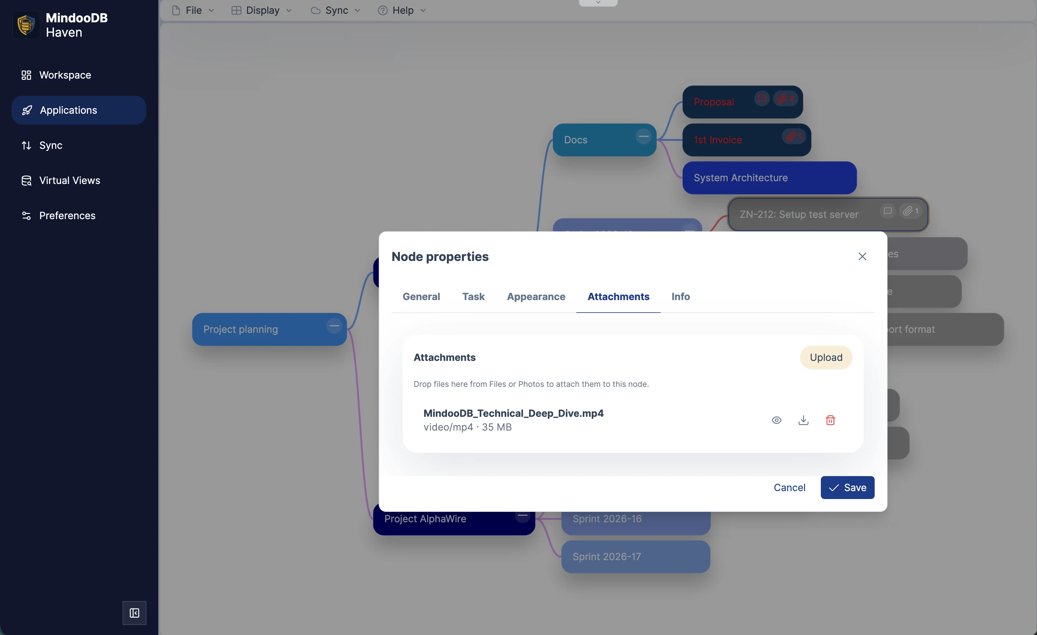 Haven attachment preview dialog opened for an MP4 video attachment before playback