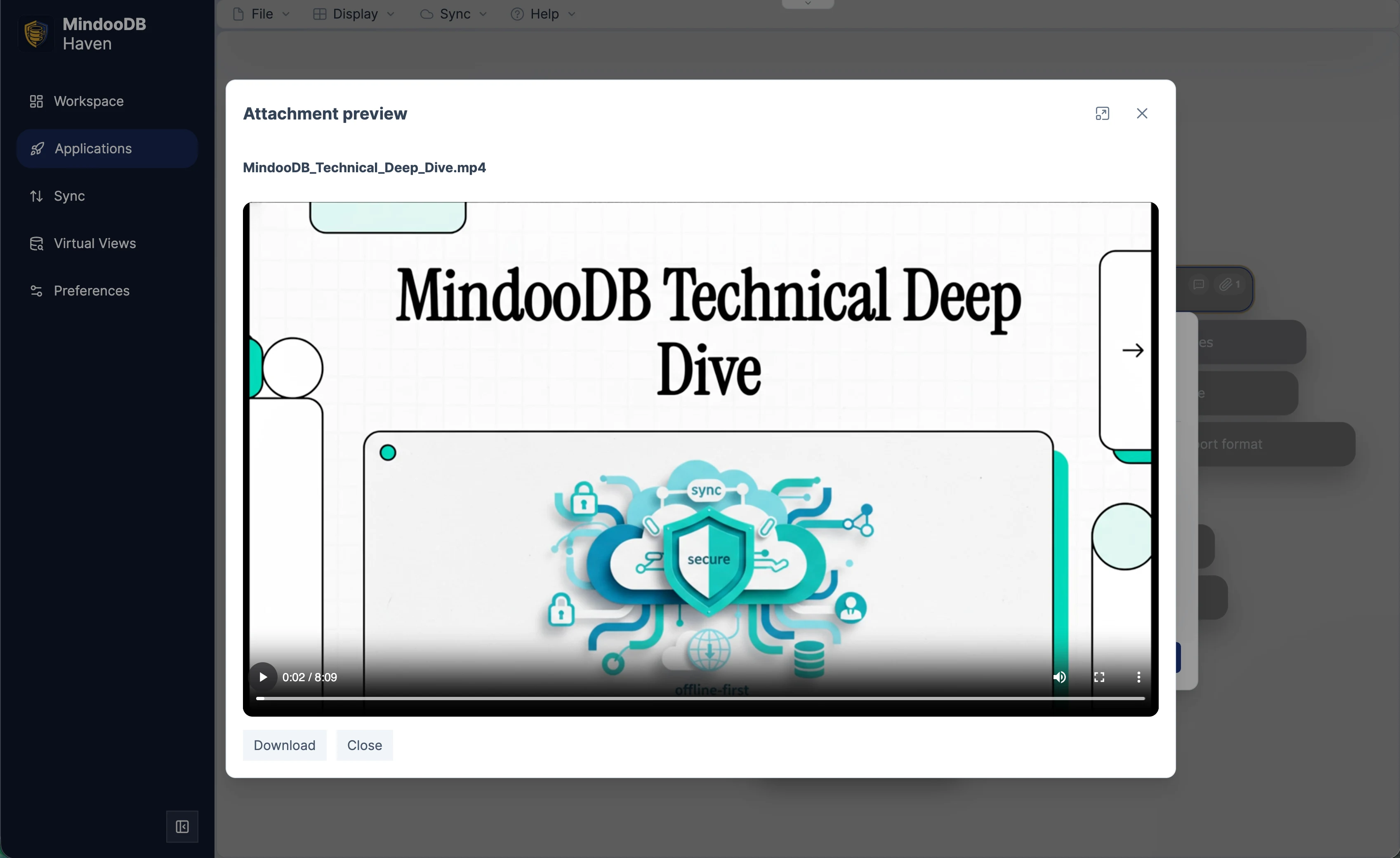 Haven attachment preview dialog playing an MP4 video attachment inline