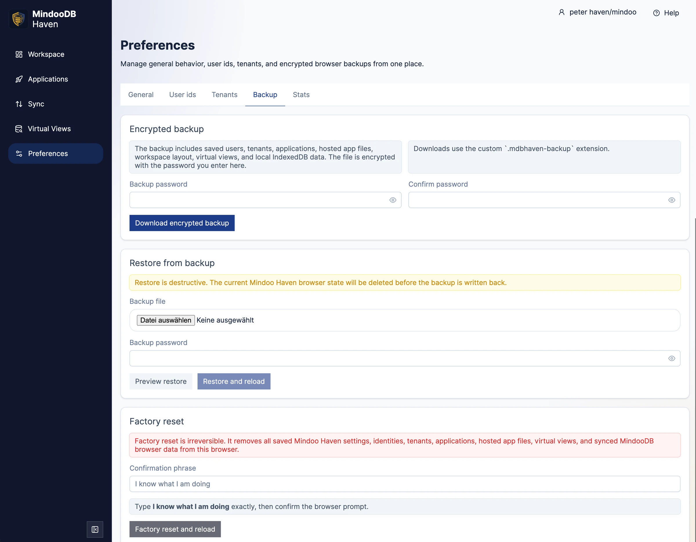 Haven Preferences backup tab for downloading encrypted backups, restoring from backup, and factory reset