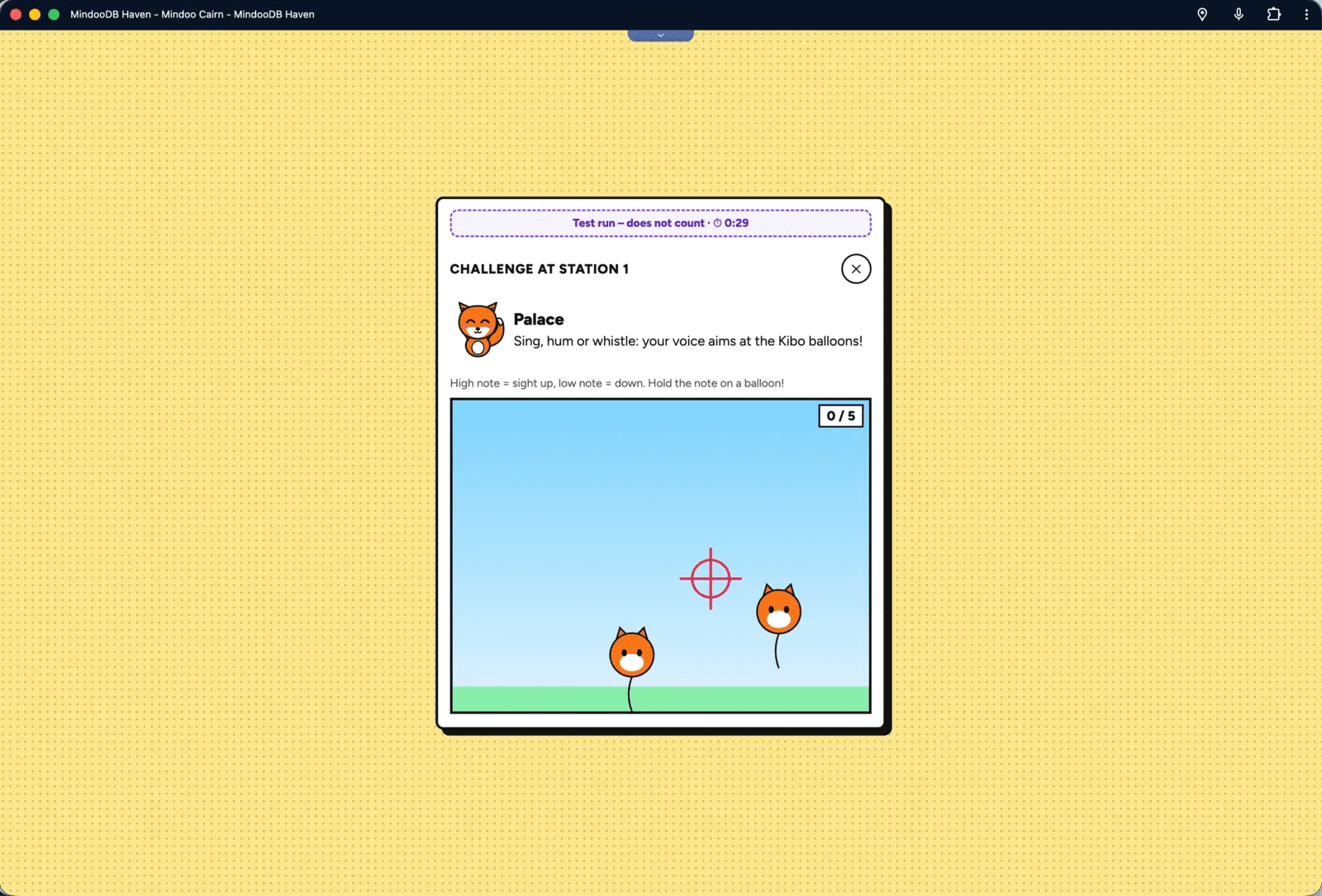 Cairn mini game in test mode: a crosshair and two fox balloons in the sky, with the instruction to sing, hum or whistle to aim