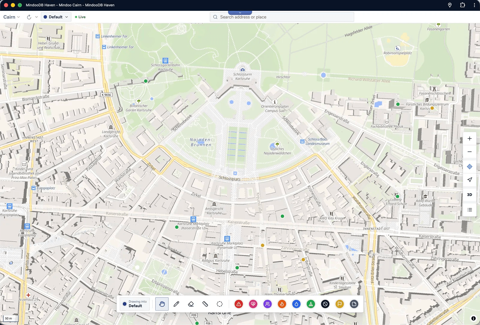 Mindoo Cairn 3D map of the Karlsruhe palace gardens with extruded buildings, a pin named Small lake, a hand-drawn arrow and a 295 m distance measurement