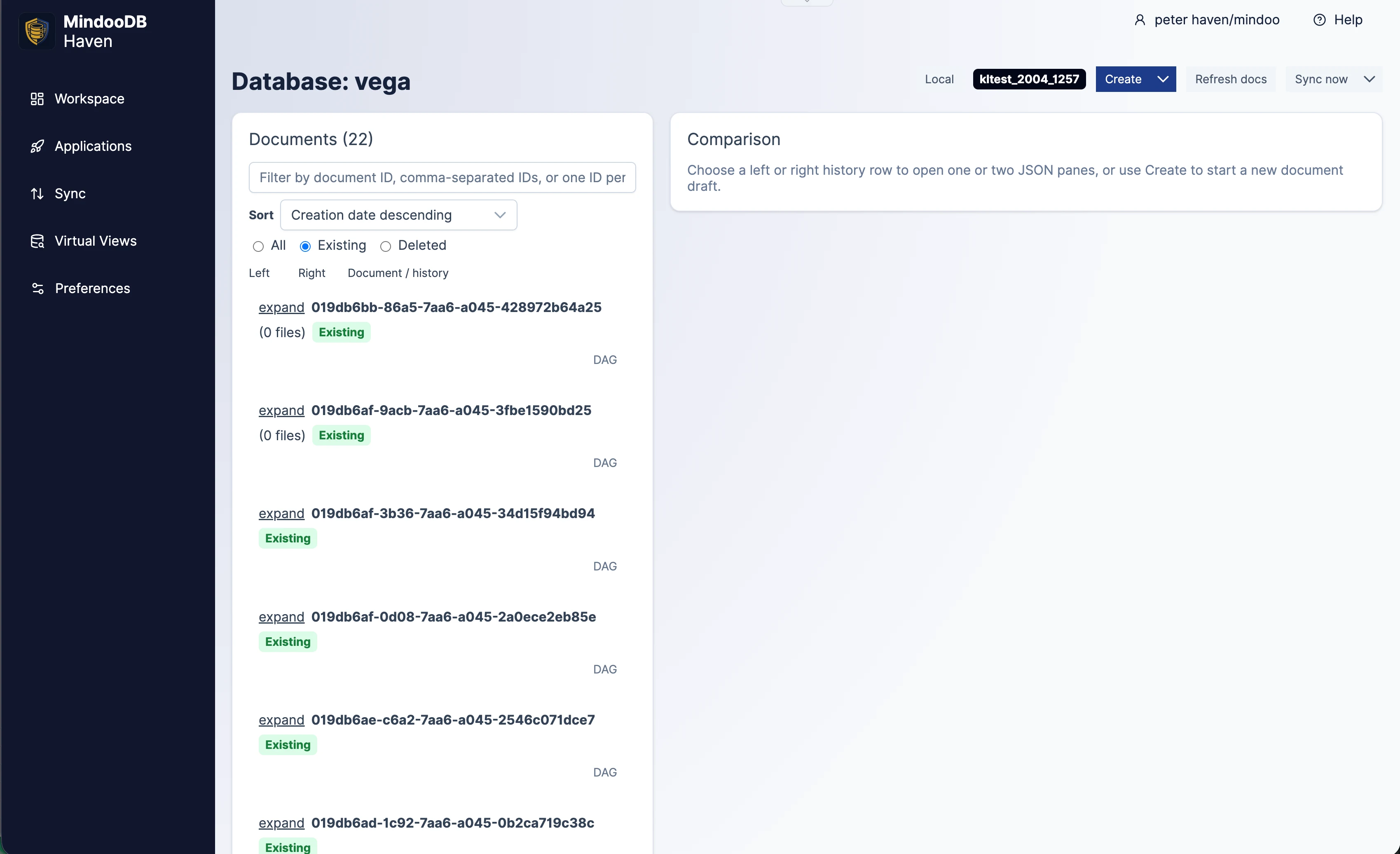 Haven database browser showing a list of documents in the vega database with filters and create actions