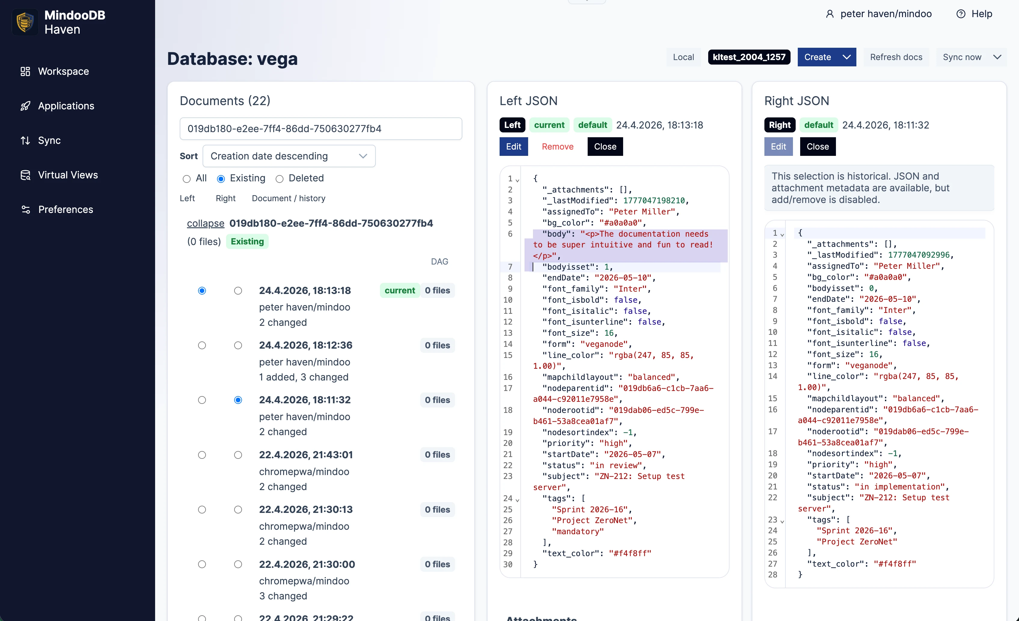 Haven database browser comparing two JSON revisions side by side