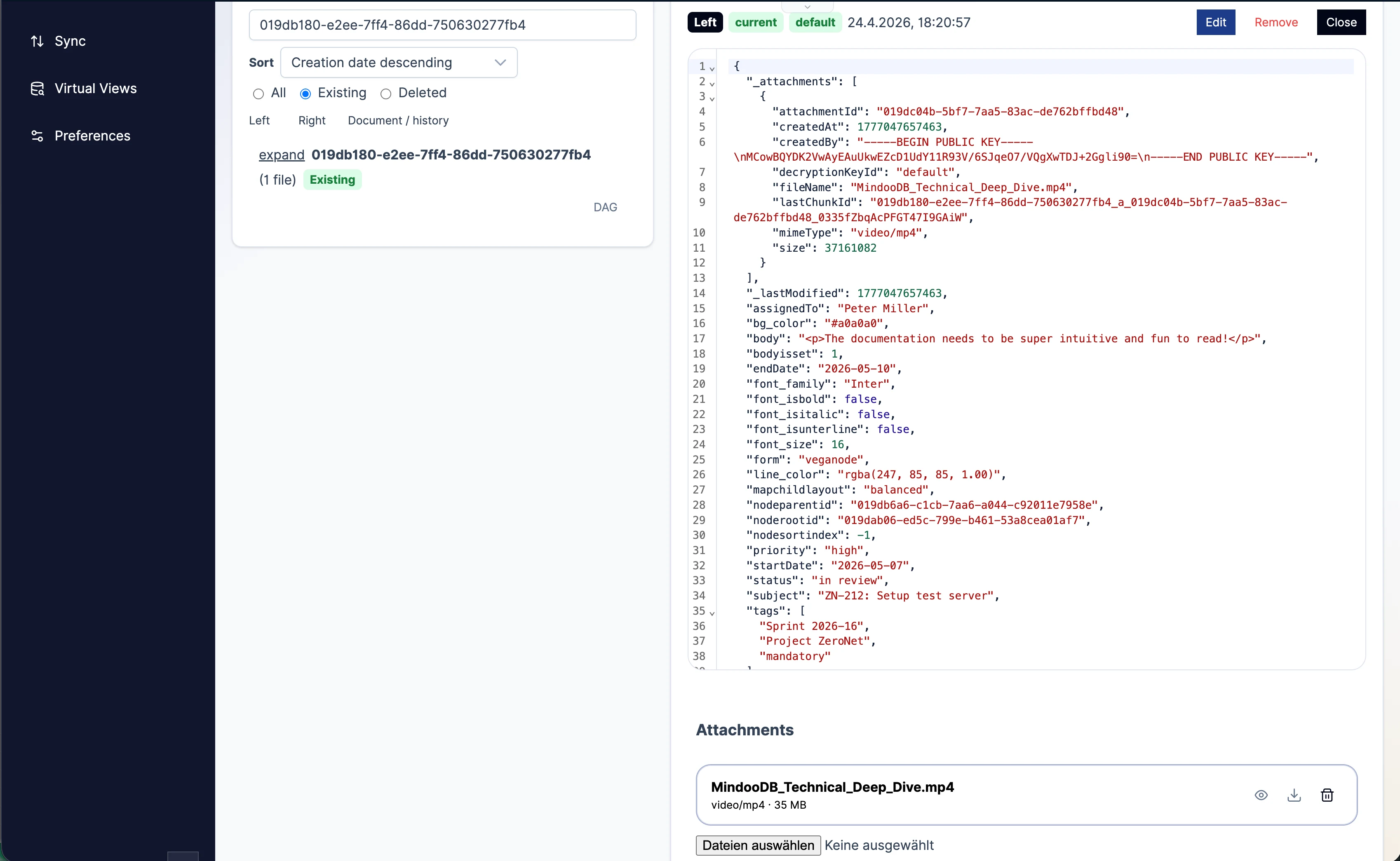 Haven database browser showing document attachments and attachment controls beside the JSON editor