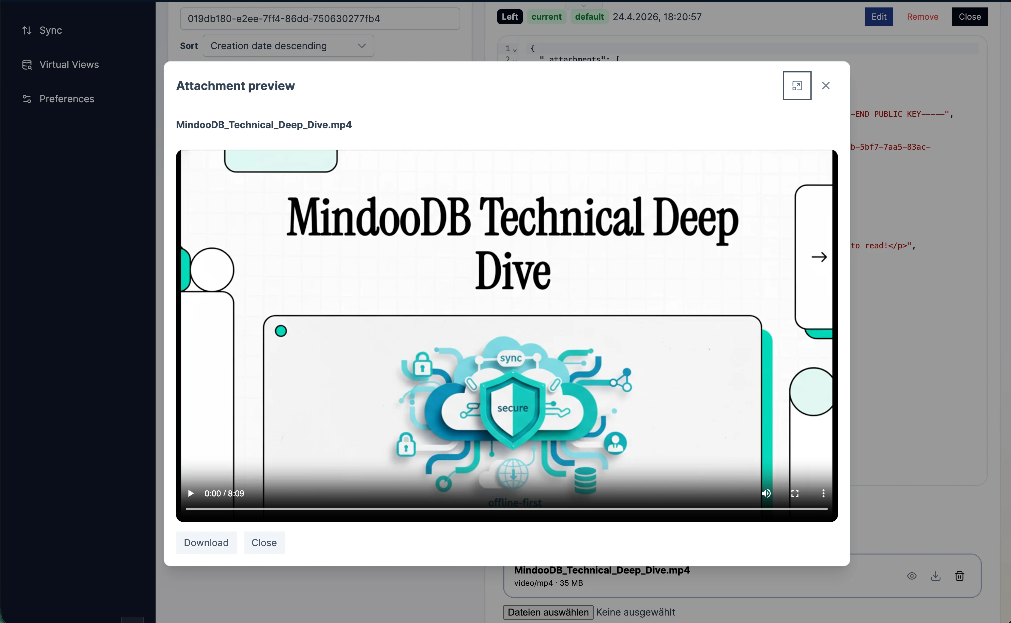 Haven attachment preview dialog showing a video attachment opened from the database browser