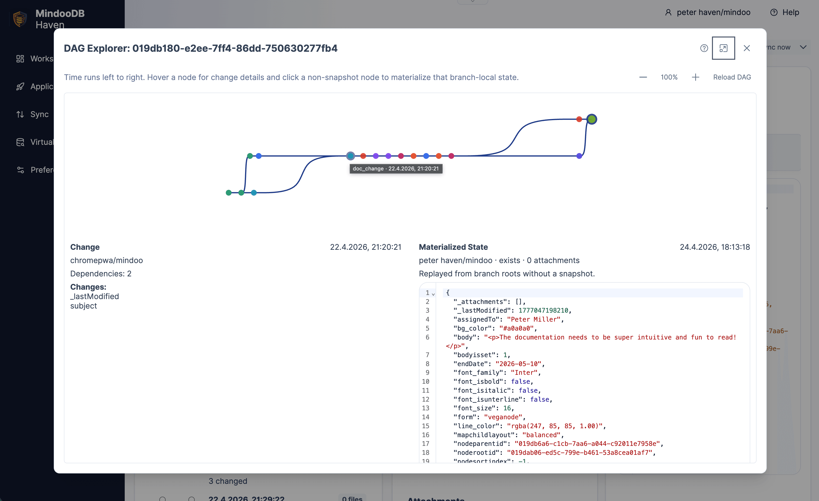 MindooDB Haven DAG explorer showing a document's full change graph with branches and a merge, plus a side panel with the materialized state, change author, timestamp, and the JSON of the affected fields