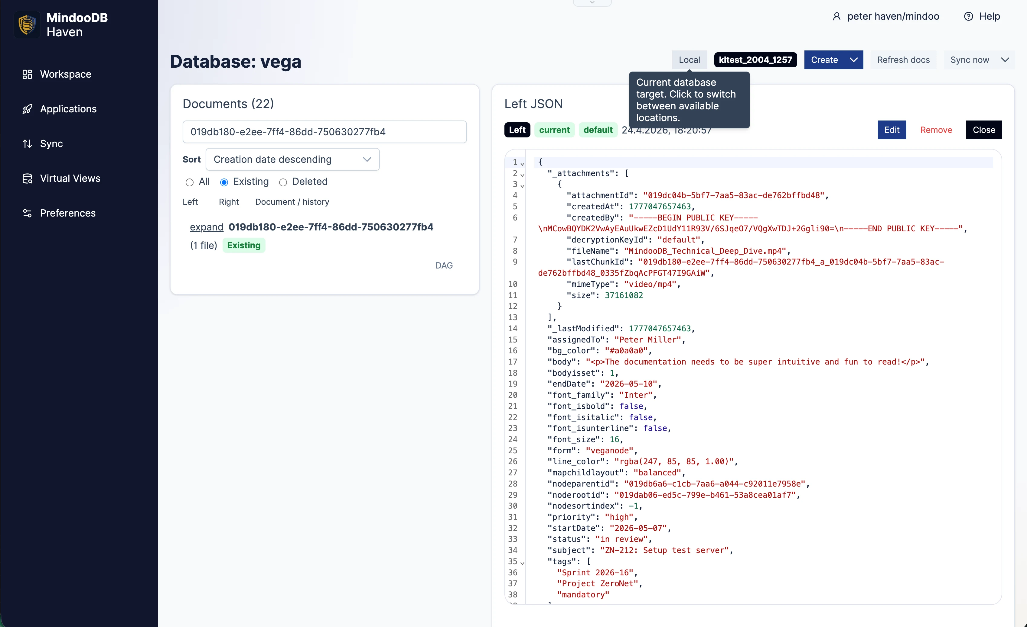 Haven database browser highlighting the current database target switcher between local and remote replicas