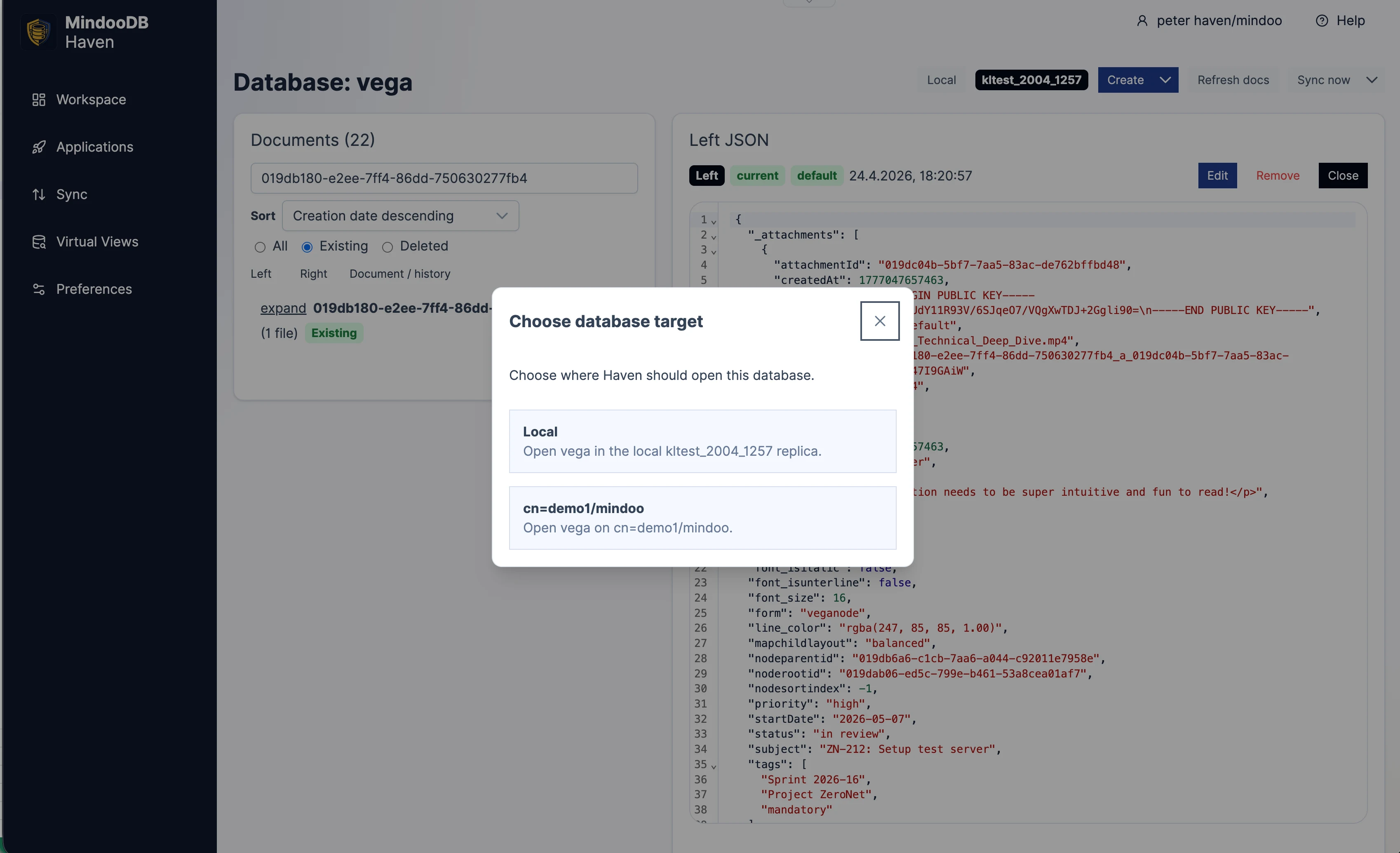 Haven database browser showing a dialog to choose between local and remote database targets