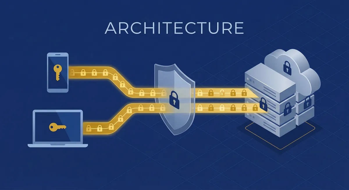 MindooDB architecture: keys stay on devices, encrypted data flows through any network topology to storage that cannot decrypt