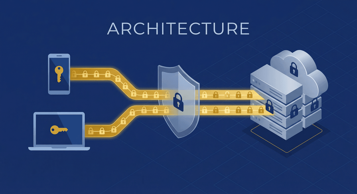 MindooDB architecture: keys stay on devices, encrypted data flows through any network topology to storage that cannot decrypt