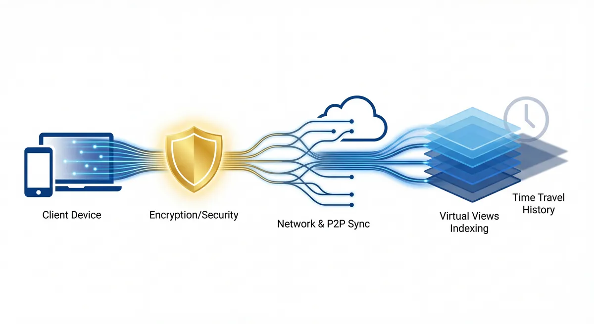 MindooDB architecture: data flow from client devices through encryption, network sync, virtual views indexing, and time travel history