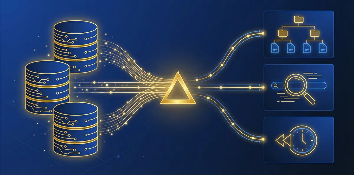 Incremental indexing: databases feed changed documents through a cursor into Virtual Views, external indexers, and time travel queries