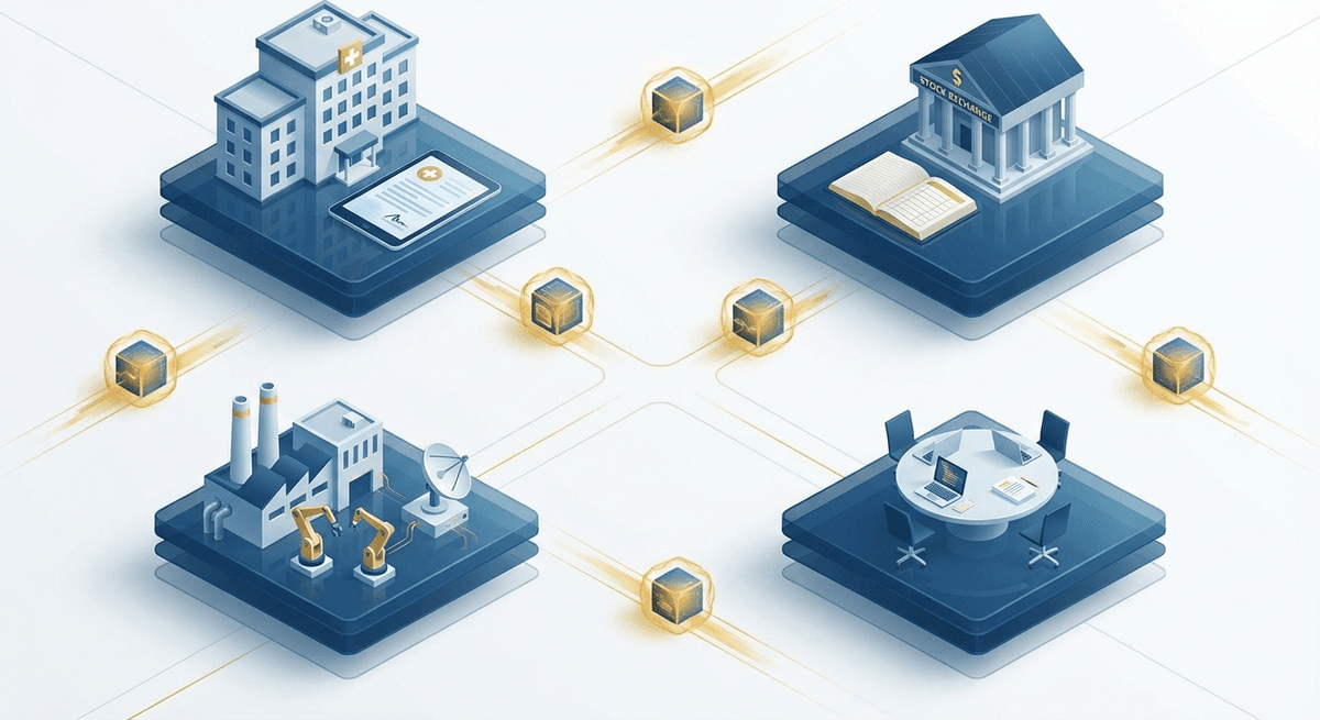 Four industry sectors: Healthcare with HIPAA compliance, Financial Services with SOX/PCI-DSS, IoT & Edge Computing with offline operation, and Collaborative Workspaces with real-time editing