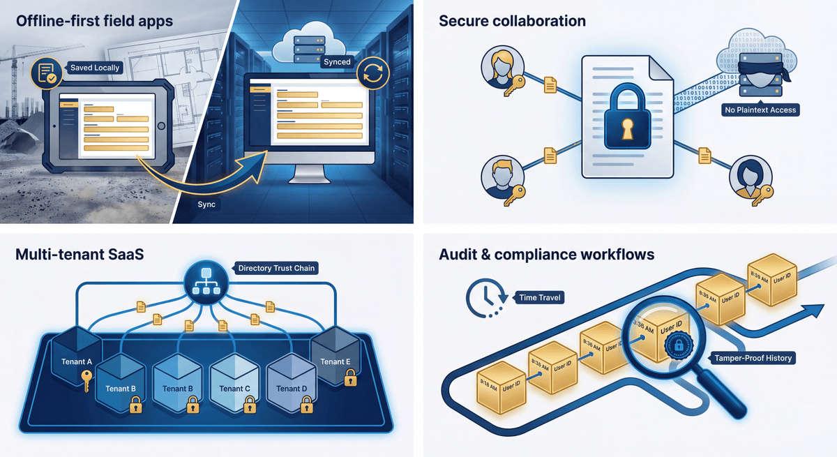Six use case scenarios: local-first apps, secure collaboration, multi-tenant SaaS, audit workflows, encrypted files, and cross-org reporting