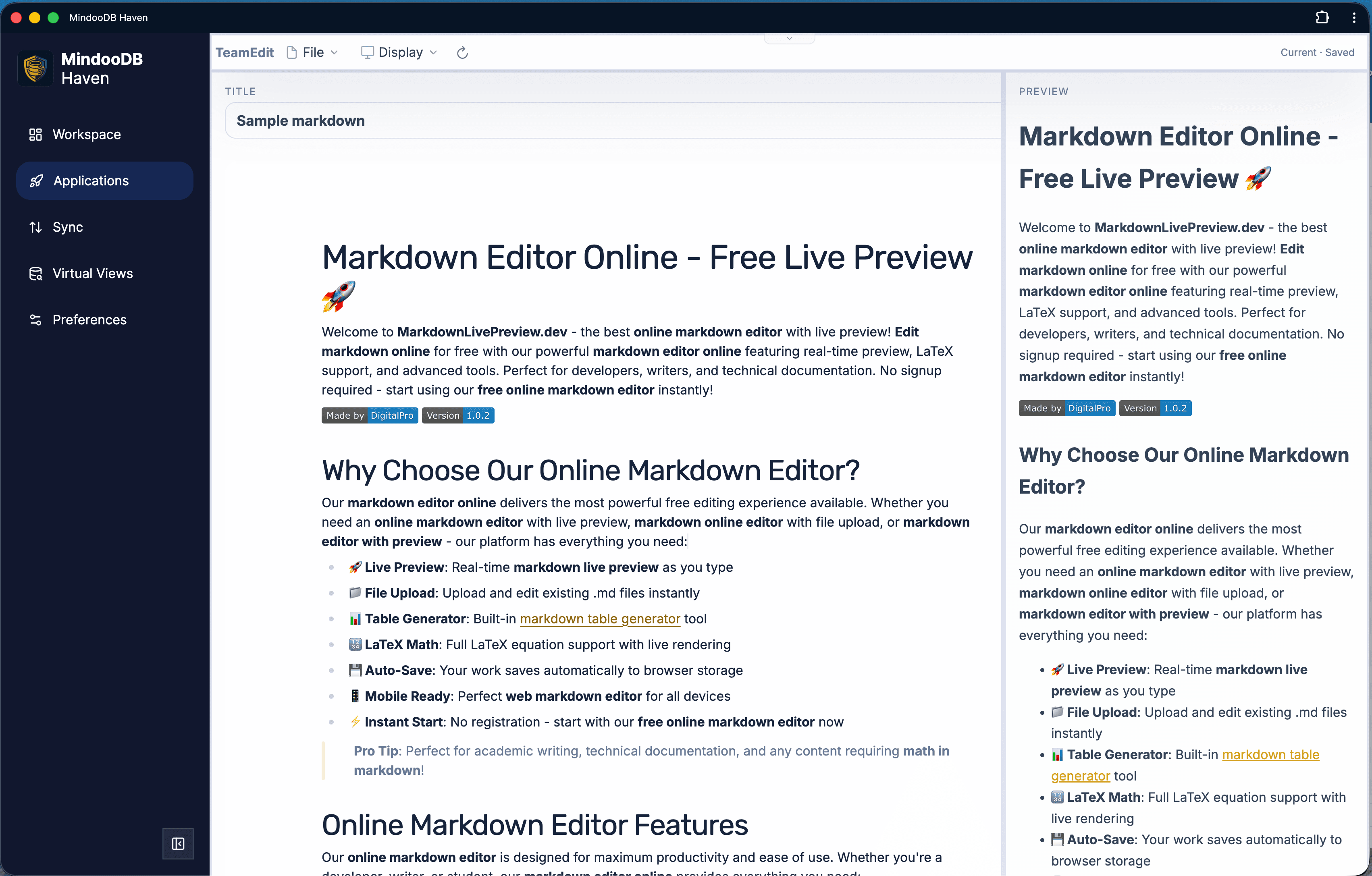 Mindoo TeamEdit embedded in Haven, showing a markdown document being edited on the left and the rendered live preview pane on the right