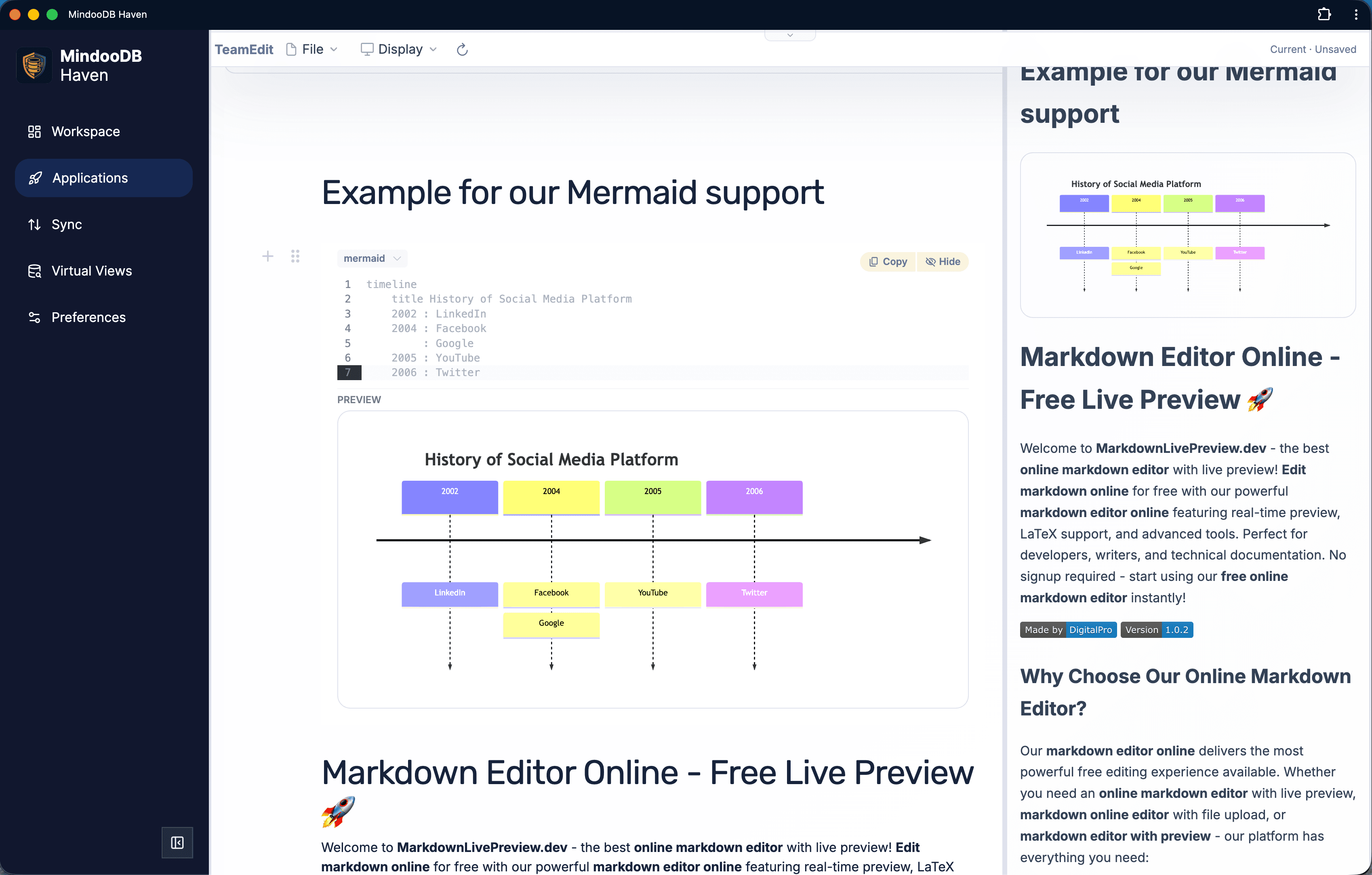Mindoo TeamEdit showing a Mermaid timeline diagram authored as a fenced code block on the left and rendered as an SVG diagram in the live preview pane on the right