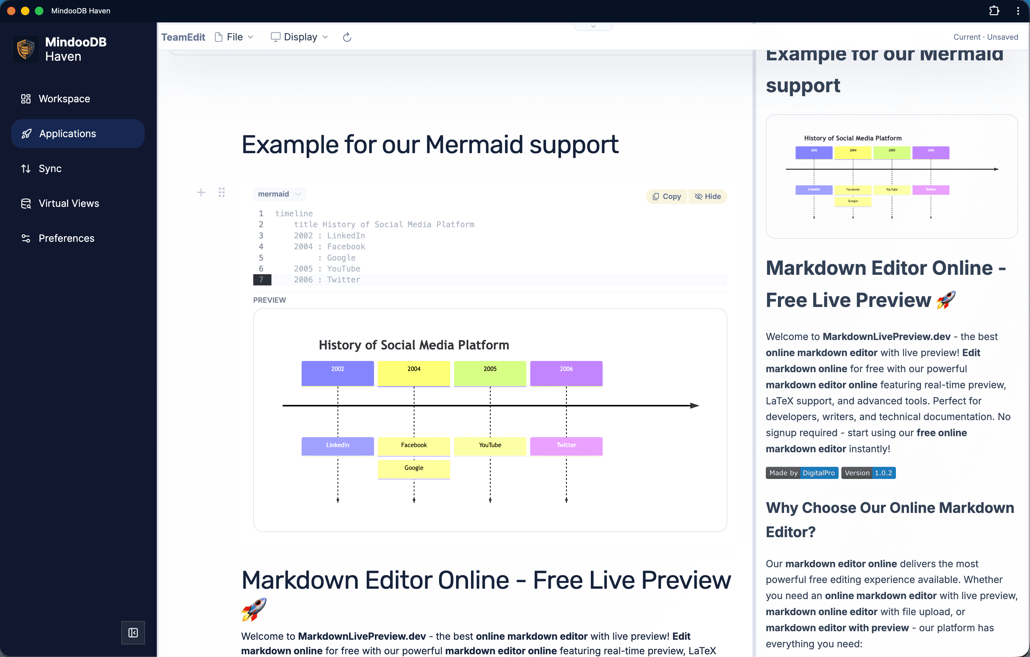 Mindoo TeamEdit showing a Mermaid timeline diagram authored as a fenced code block and rendered live in the preview pane