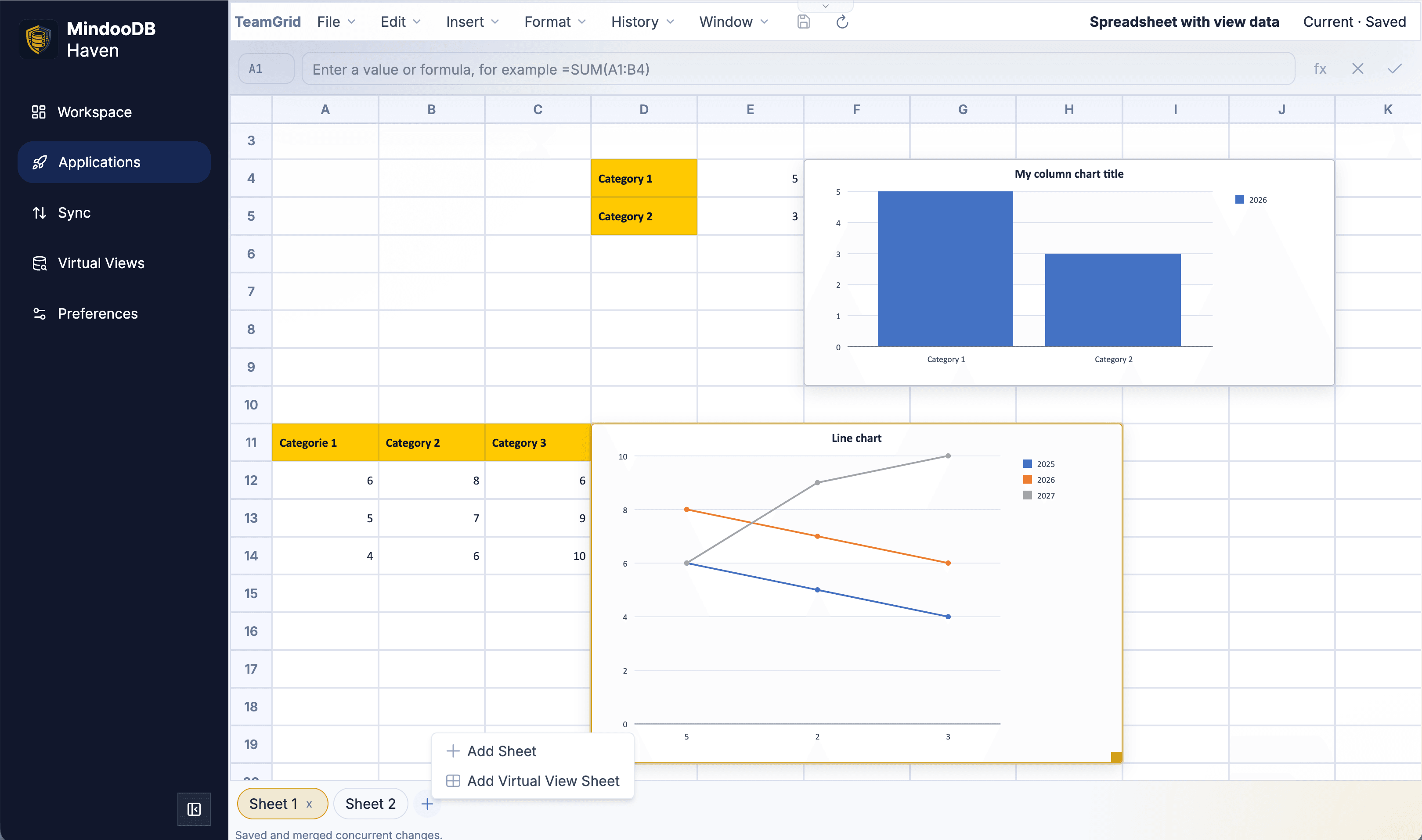 Mindoo TeamGrid embedded in Haven showing two charts (a Column chart over a two-row data range and a Line chart with three yearly series) on the same worksheet, with the bottom +tab menu open and offering Add Sheet and Add Virtual View Sheet entries