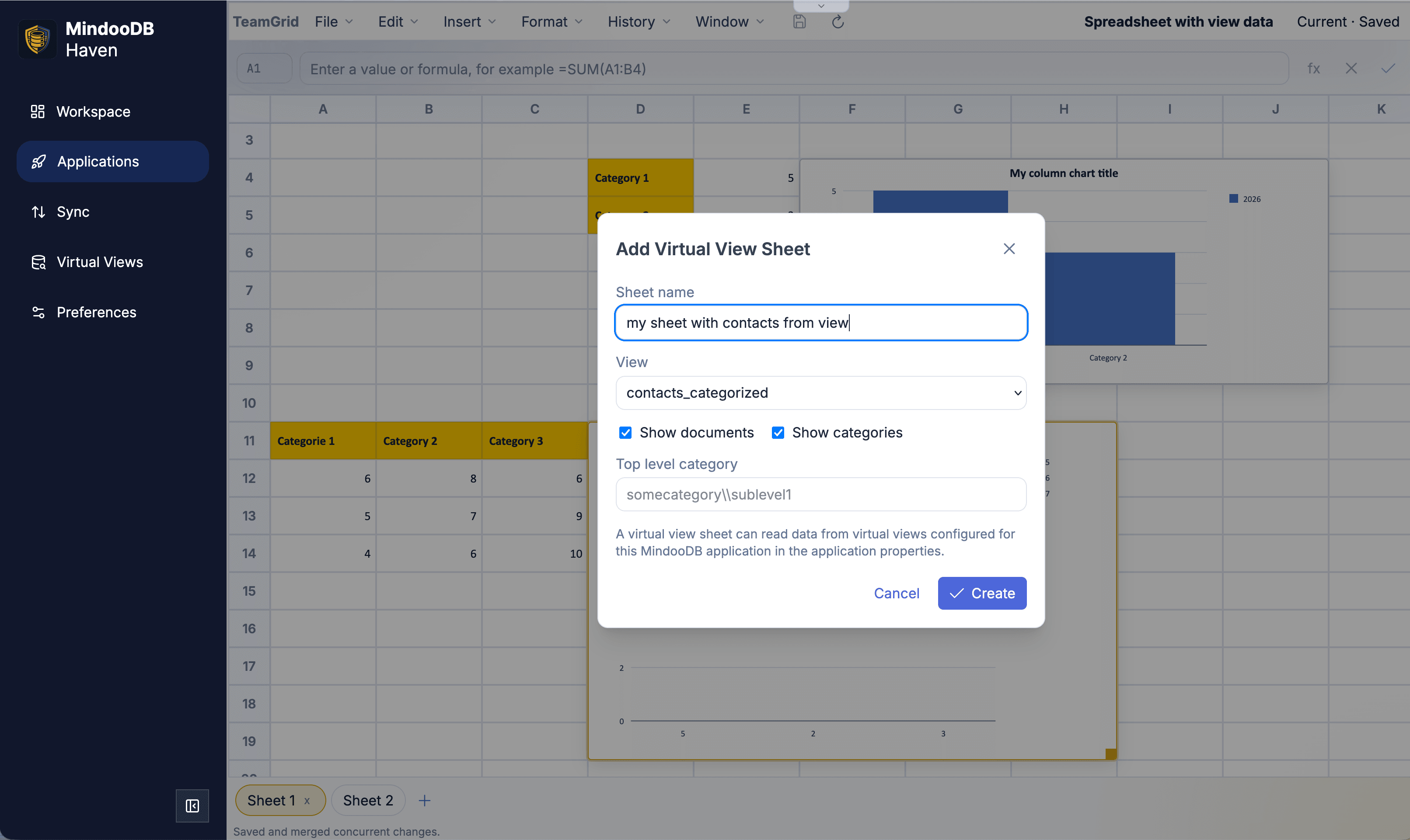 Mindoo TeamGrid Add Virtual View Sheet dialog with a sheet name field, a view dropdown set to contacts_categorized, two checkboxes for Show documents and Show categories, and a Top level category field with an example placeholder