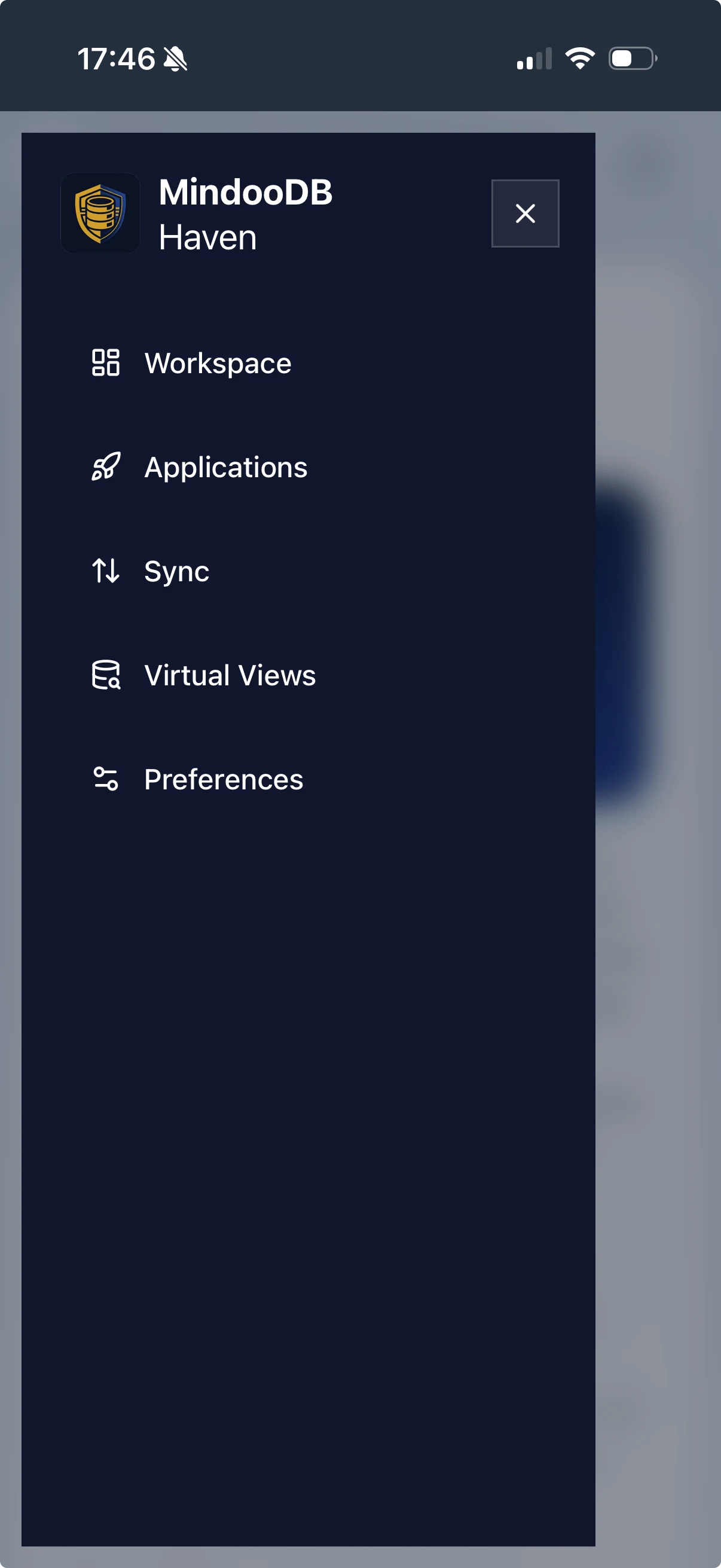 Haven mobile sidebar expanded on iPhone