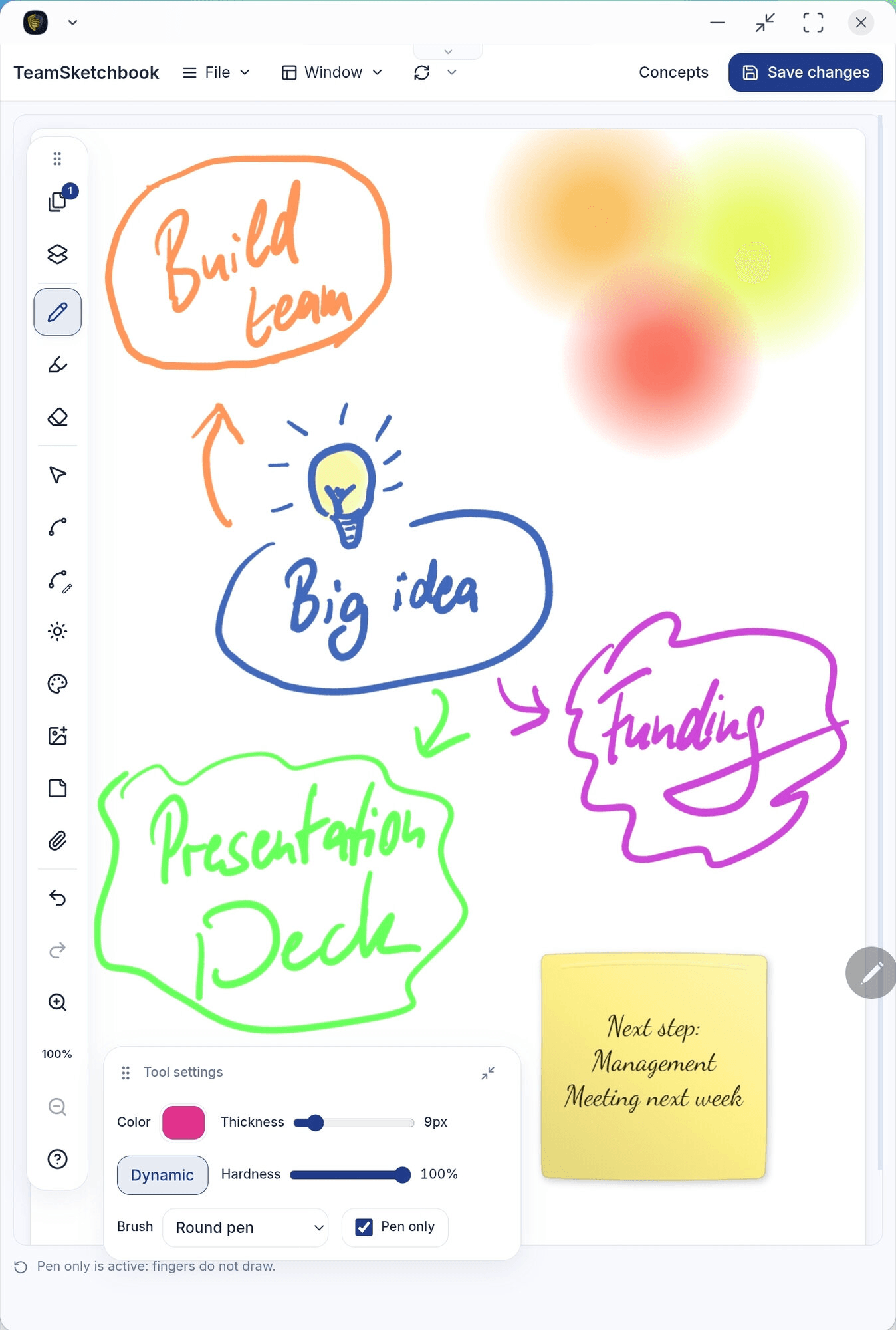 TeamSketchbook canvas with a brainstorm sketch, sticky note, pen tool, and Tool settings panel
