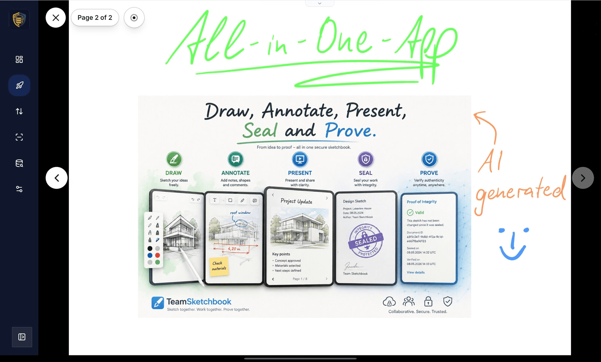 Presentation mode with page navigation, laser pointer chrome, and live ink annotations on a slide