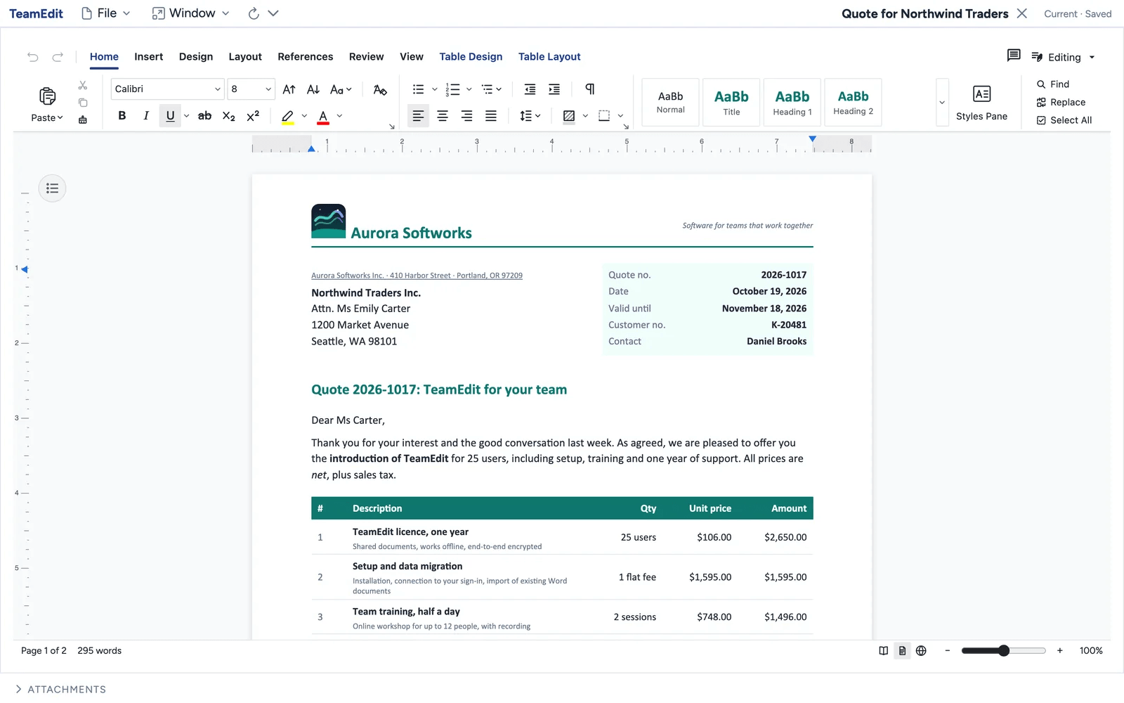 Mindoo TeamEdit with the Word document Quote for Northwind Traders: the Aurora Softworks letterhead with logo, the customer address next to quote number, date and validity, a cover letter and a price table with licence, setup and training; with the cursor in the table, the ribbon shows the Table Design and Table Layout tabs