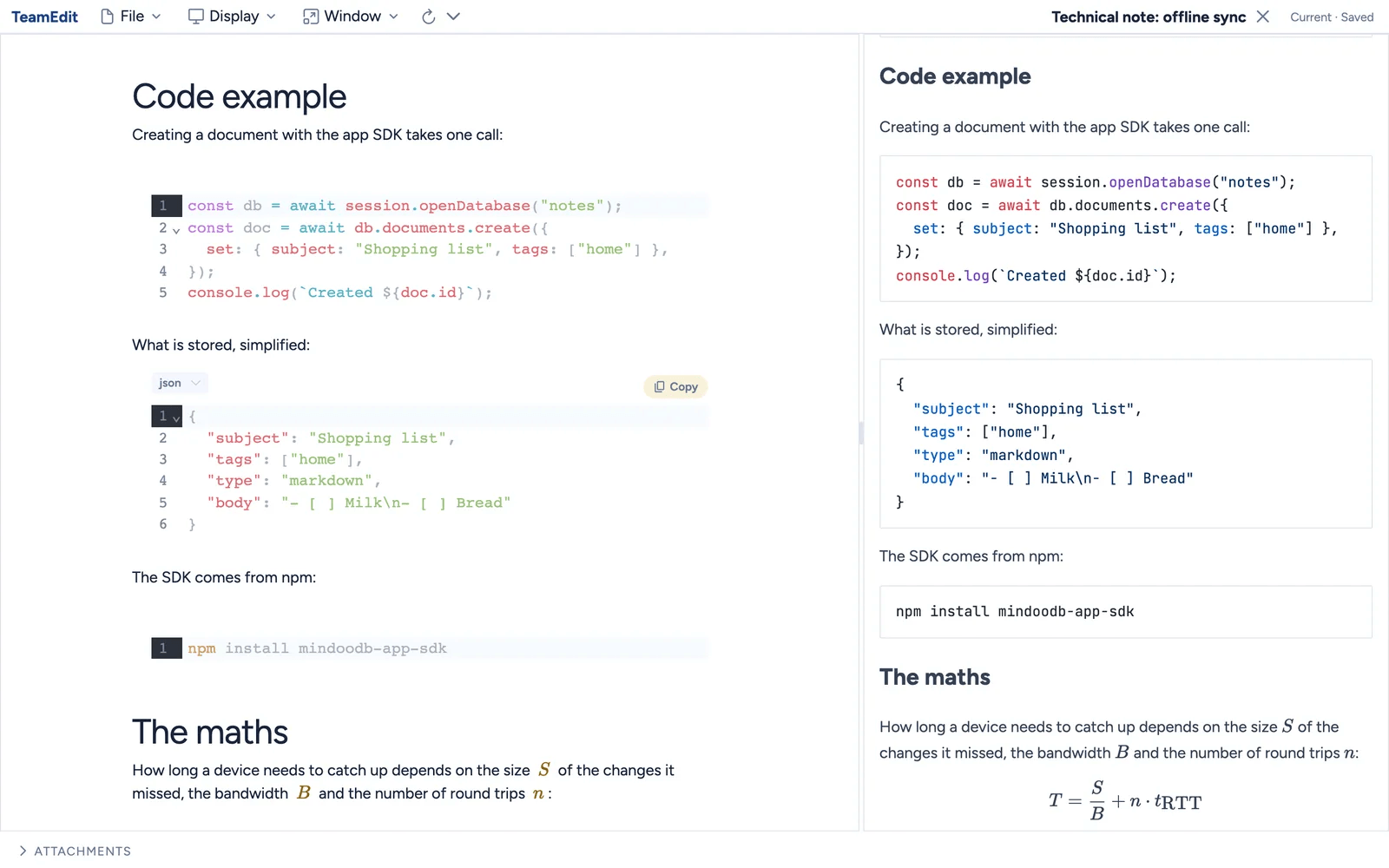 Mindoo TeamEdit with a Markdown technical note on offline sync: on the left syntax-highlighted JavaScript, JSON and npm code blocks, on the right the preview pane with the same code and a typeset formula for the catch-up time