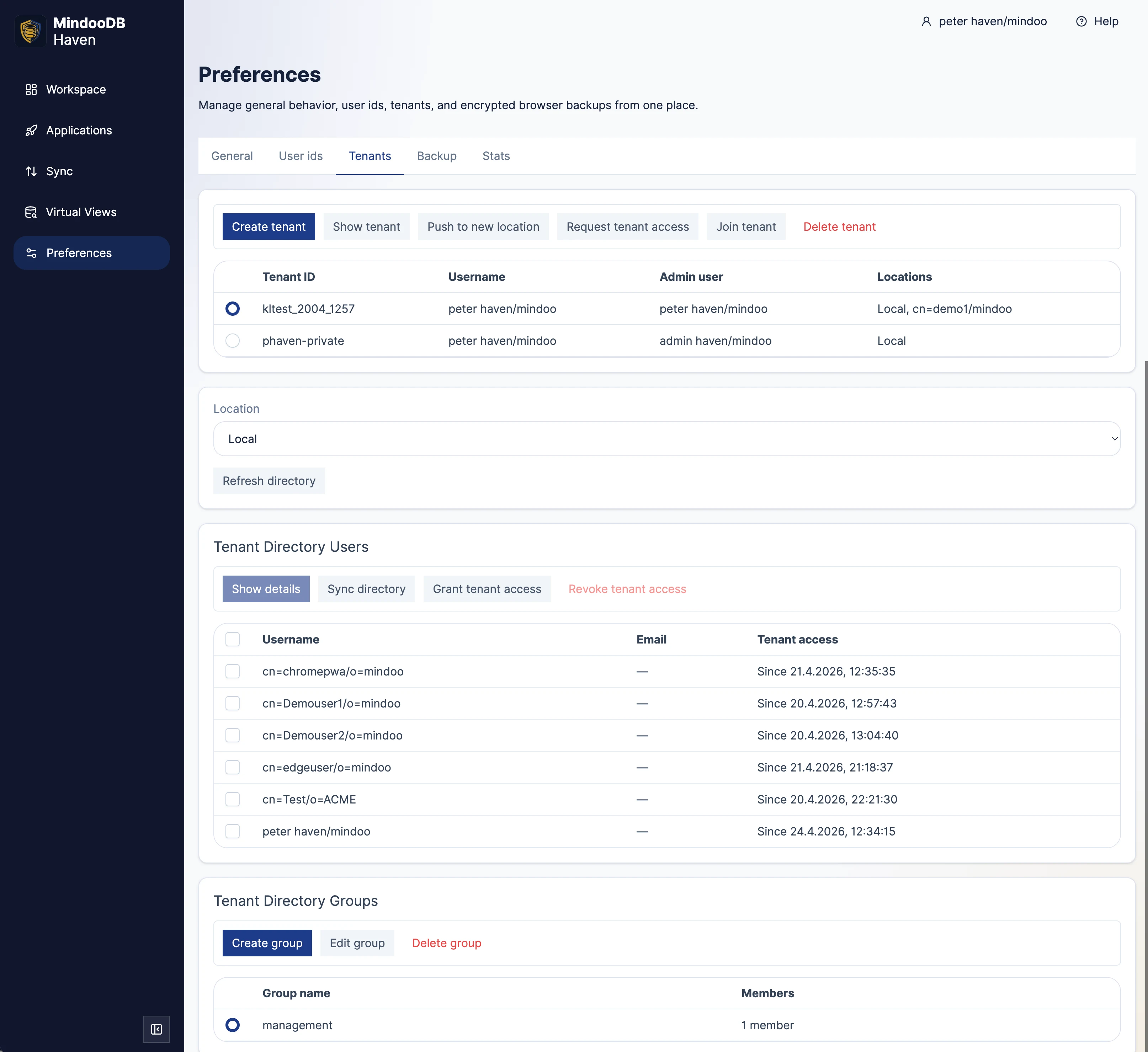 Haven tenant management view showing tenant-level context