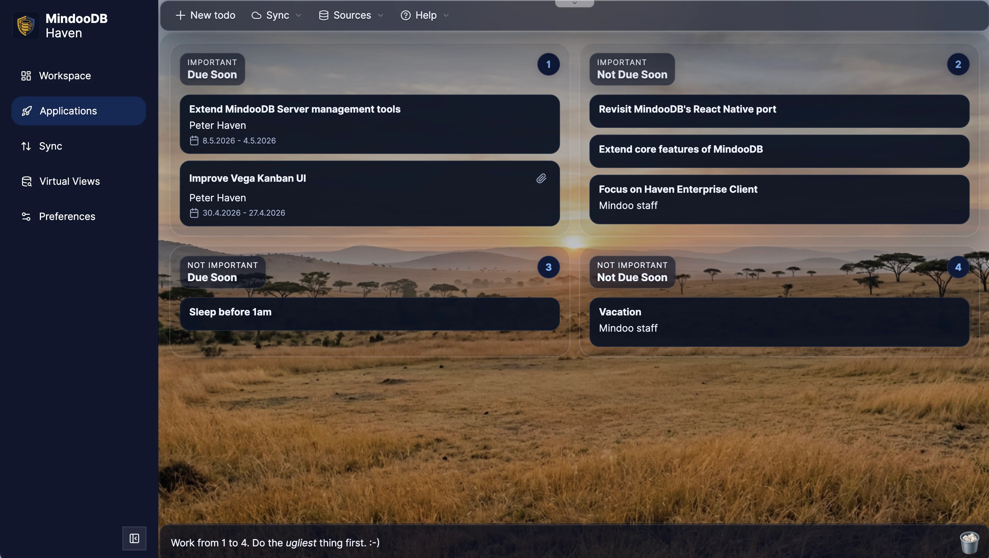 Mindoo TodoManager embedded in Haven showing the same task board in dark mode